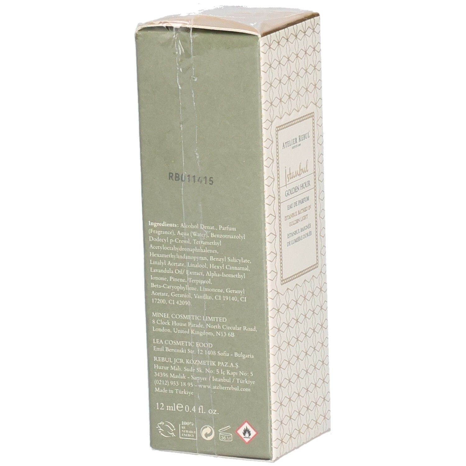 Emballage en carton. Atelier Rebul Istanbul Golden Hour Eau de Parfum. Dos avec ingrédients et informations fabricant.