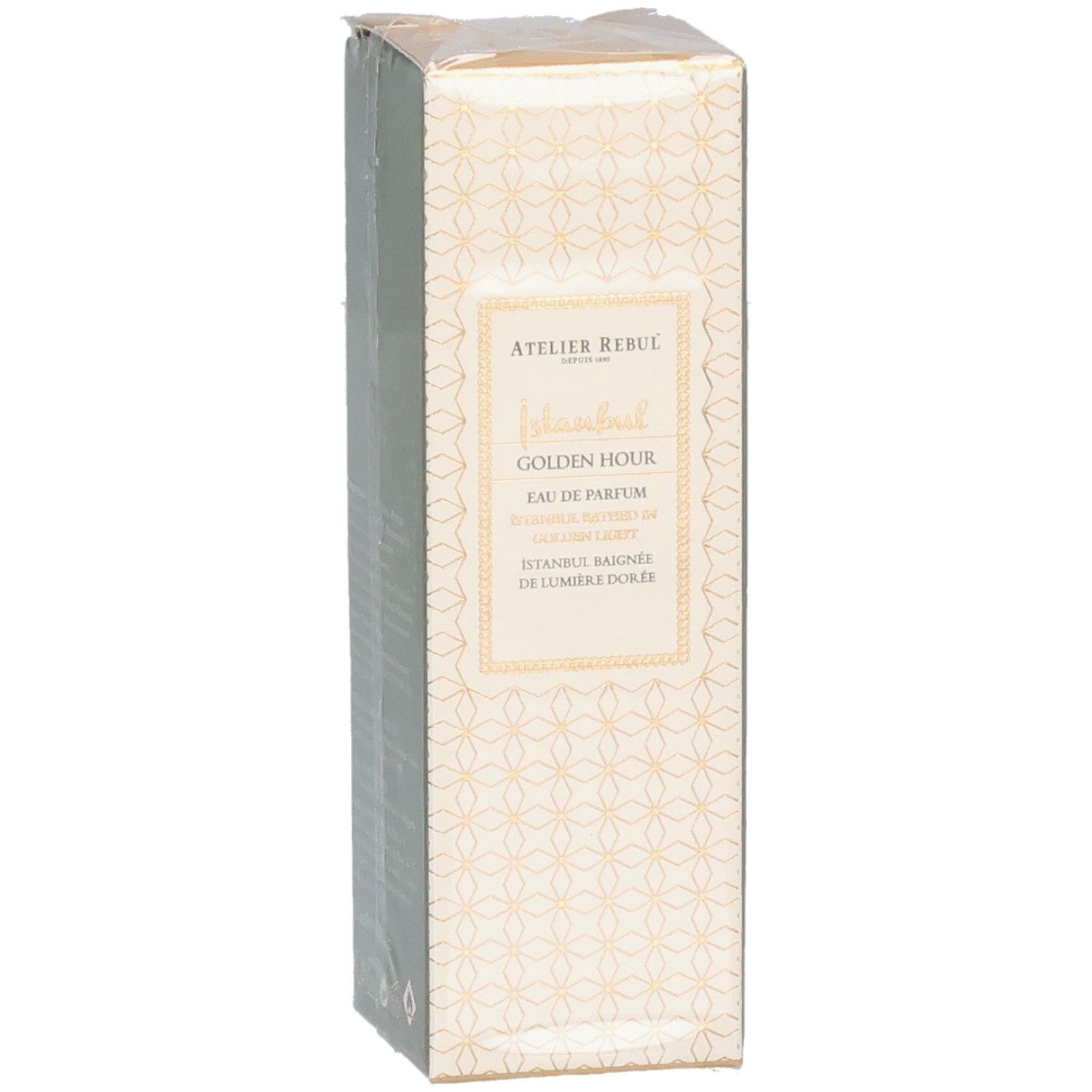 Emballage en carton. Atelier Rebul Istanbul Golden Hour Eau de Parfum. Face avant avec nom du produit et logo.