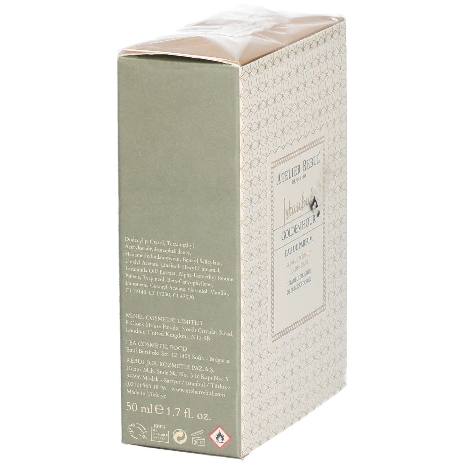 Seite der Atelier Rebul Golden Hour Eau de Parfum Verpackung mit Inhaltsstoffen und Größenangabe.