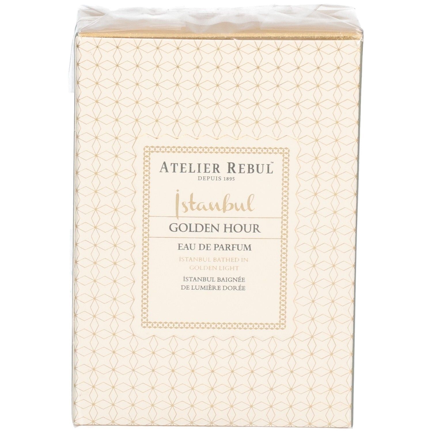 Atelier Rebul Golden Hour Eau de Parfum Verpackung, leicht schräg von vorne.