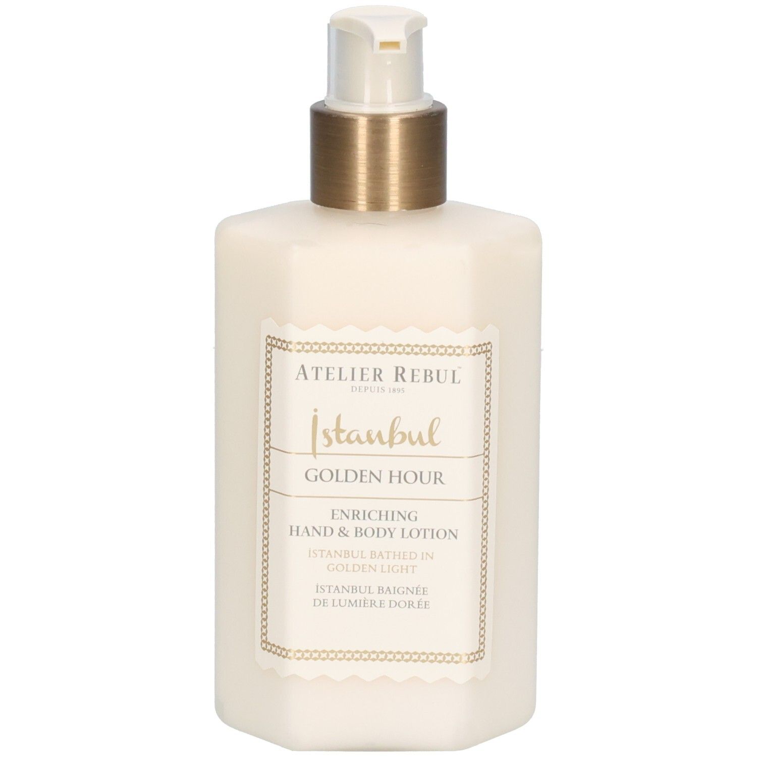 Beige Lotion-Flasche mit goldenem Pumpkopf. Aufkleber mit Text: Atelier Rebul, Istanbul, Golden Hour, Hand & Body Lotion.