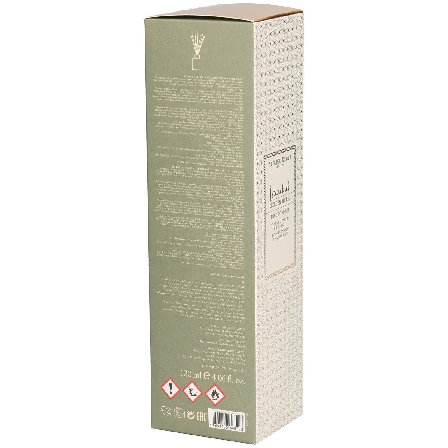 Dos de l'emballage. Texte multilingue. Symboles d'avertissement. Inscription: Atelier Rebul Istanbul Golden Hour Reed Diffuser.