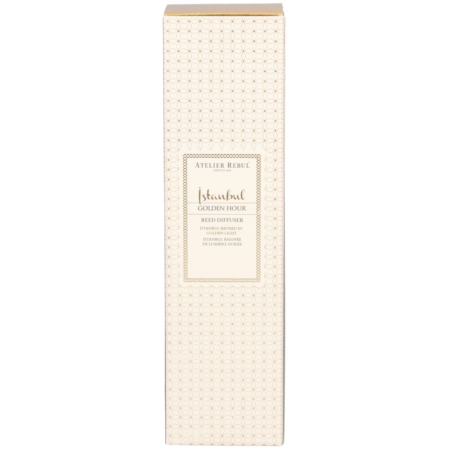 Emballage. Inscription: Atelier Rebul Istanbul Golden Hour Reed Diffuser. Design beige et doré.