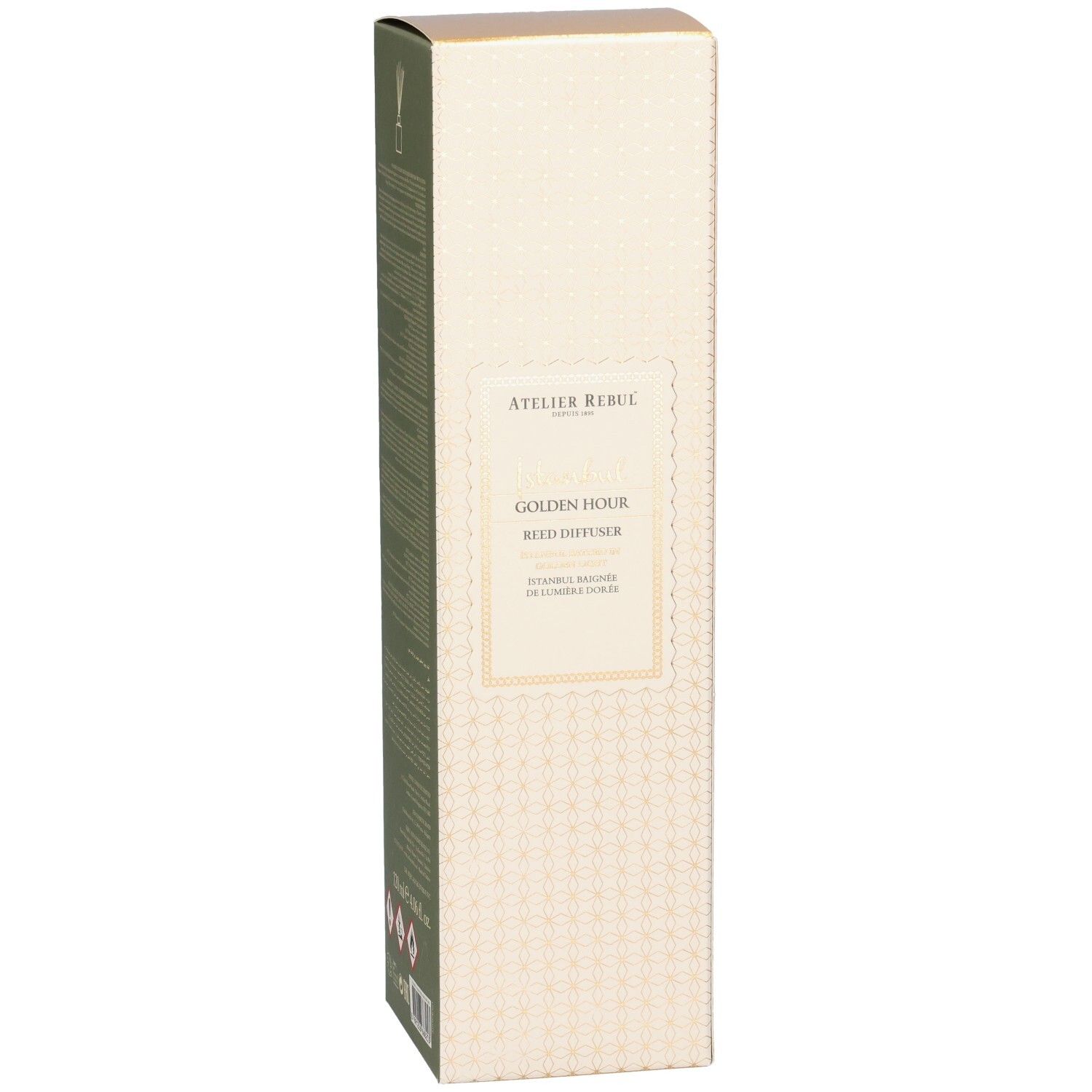 Emballage. Inscription: Golden Hour Reed Diffuser. Design beige et doré. Symboles d'avertissement.