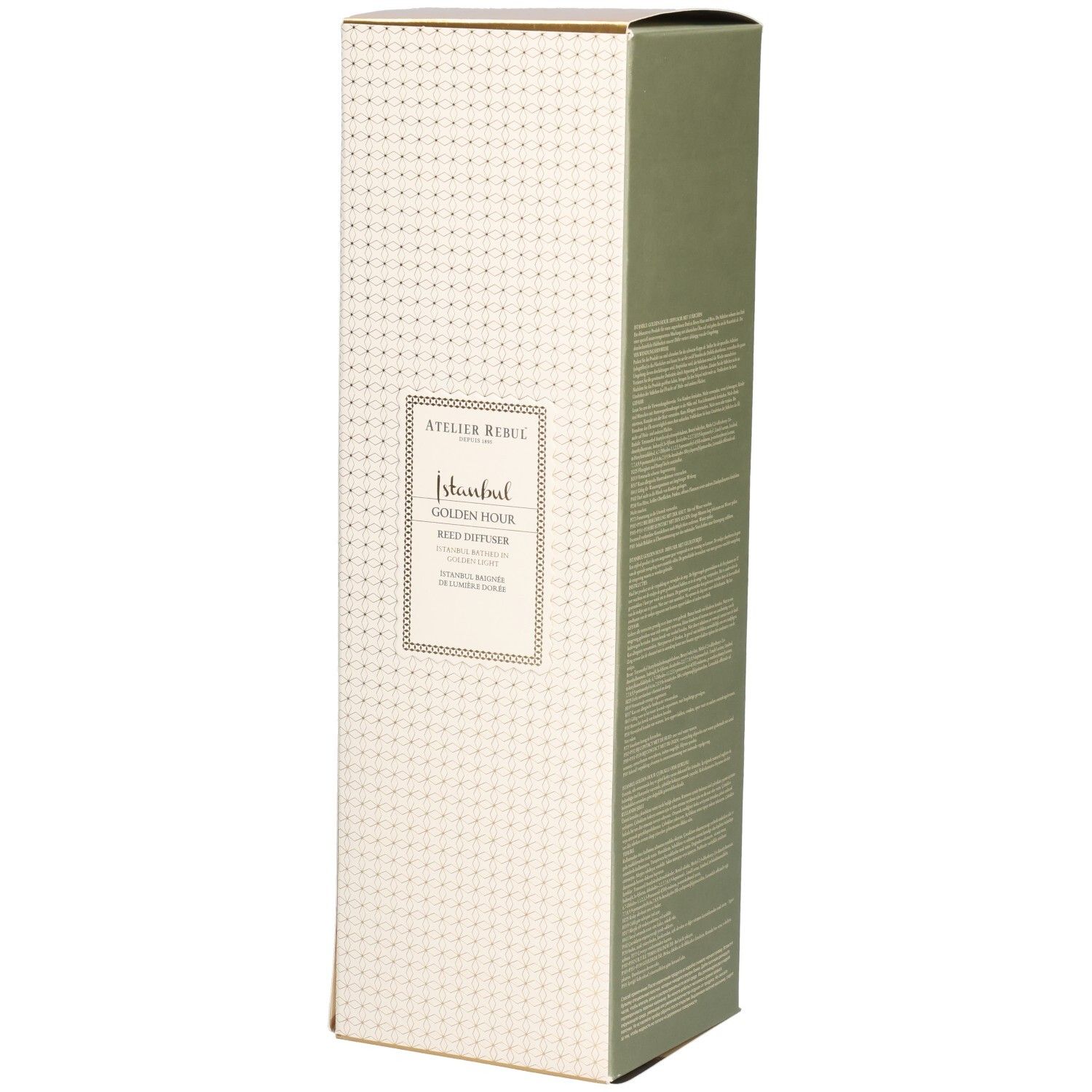 Boîte rectangulaire haute. Inscription : Atelier Rebul, Istanbul, Golden Hour, Reed Diffuser. Beige avec motif doré et côtés verts.