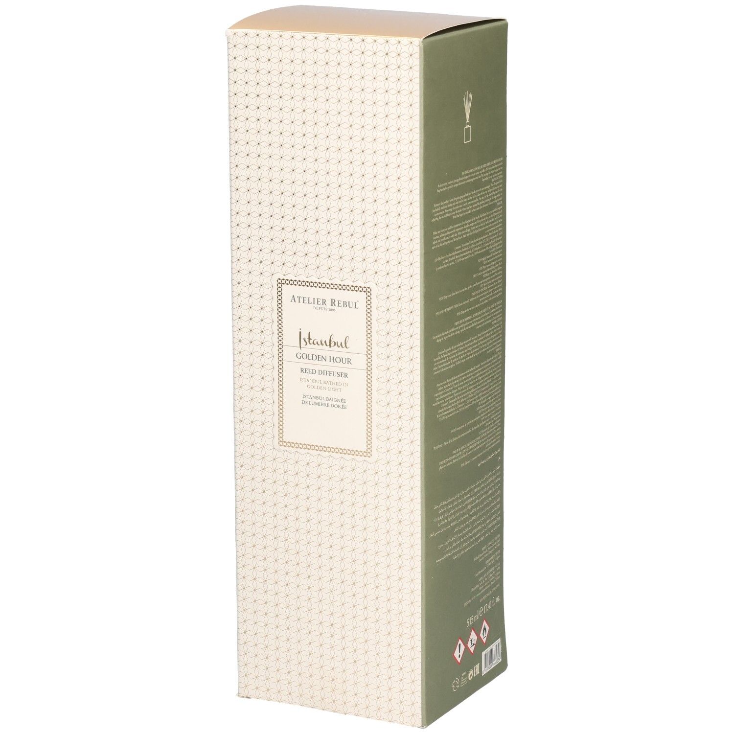 Boîte rectangulaire haute. Inscription : Atelier Rebul, Istanbul, Golden Hour, Reed Diffuser. Beige avec motif doré et côtés verts.