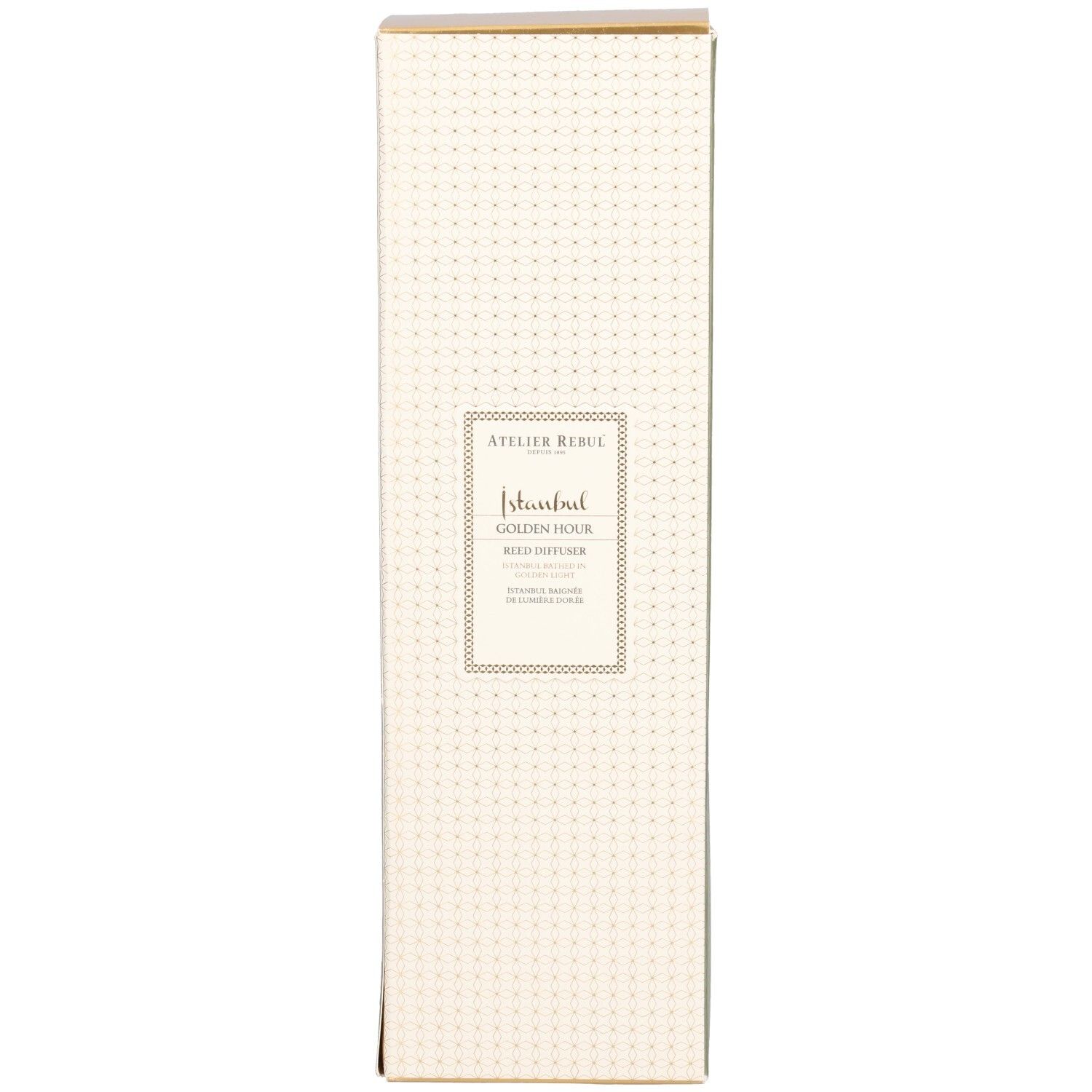 Boîte rectangulaire haute. Inscription : Atelier Rebul, Istanbul, Golden Hour, Reed Diffuser. Beige avec motif doré.