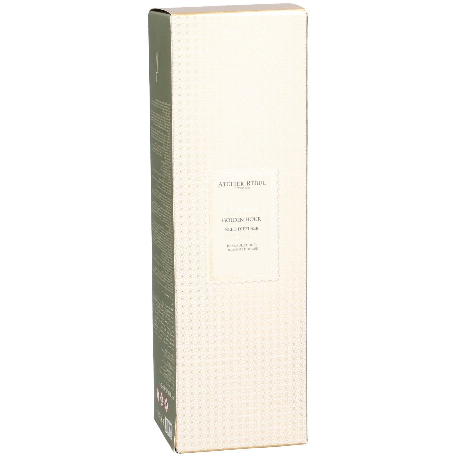 Boîte rectangulaire haute. Inscription : Atelier Rebul, Golden Hour, Reed Diffuser. Beige avec motif doré et côtés verts.