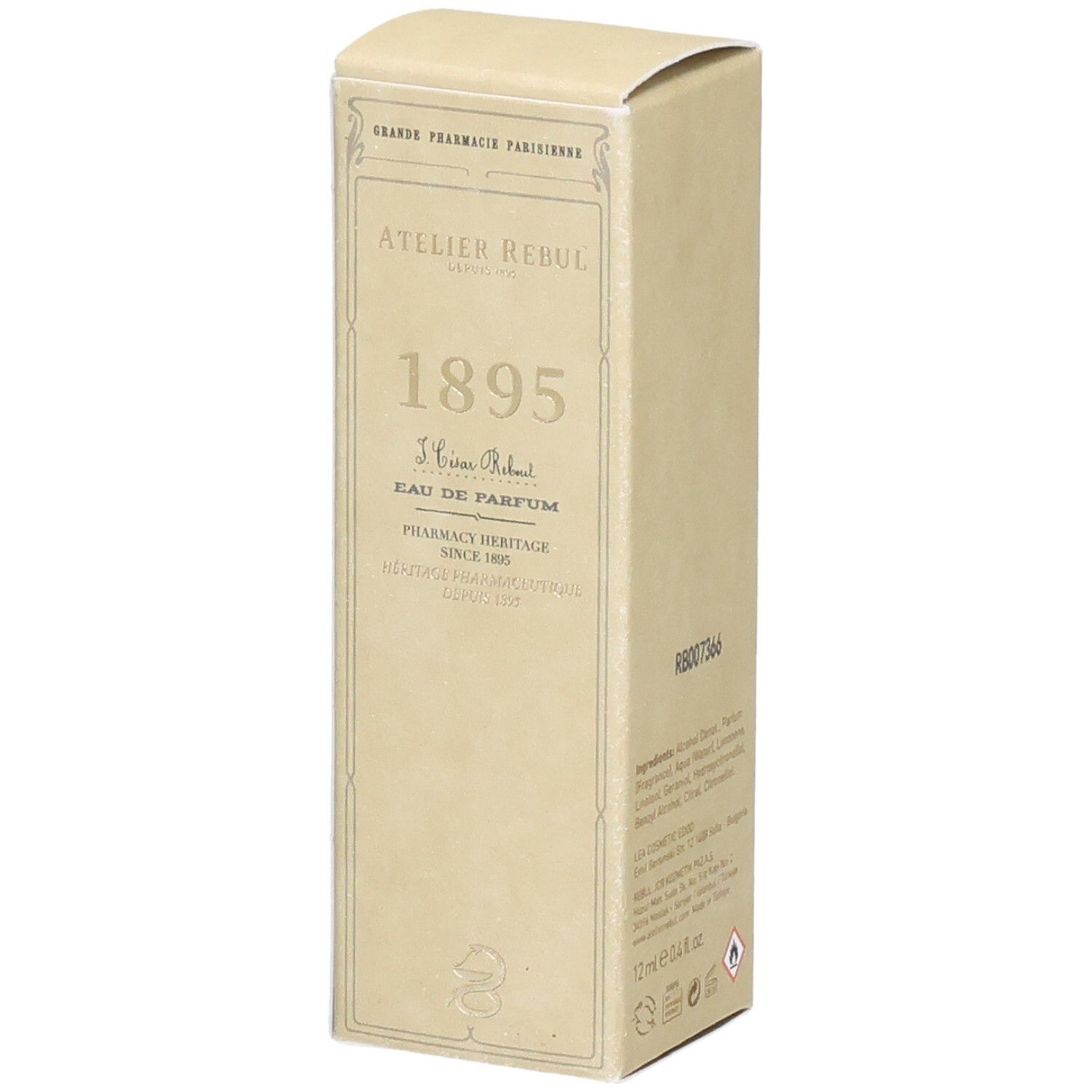 Atelier Rebul 1895 Eau de Parfum Kartonverpackung mit Produktinformationen.