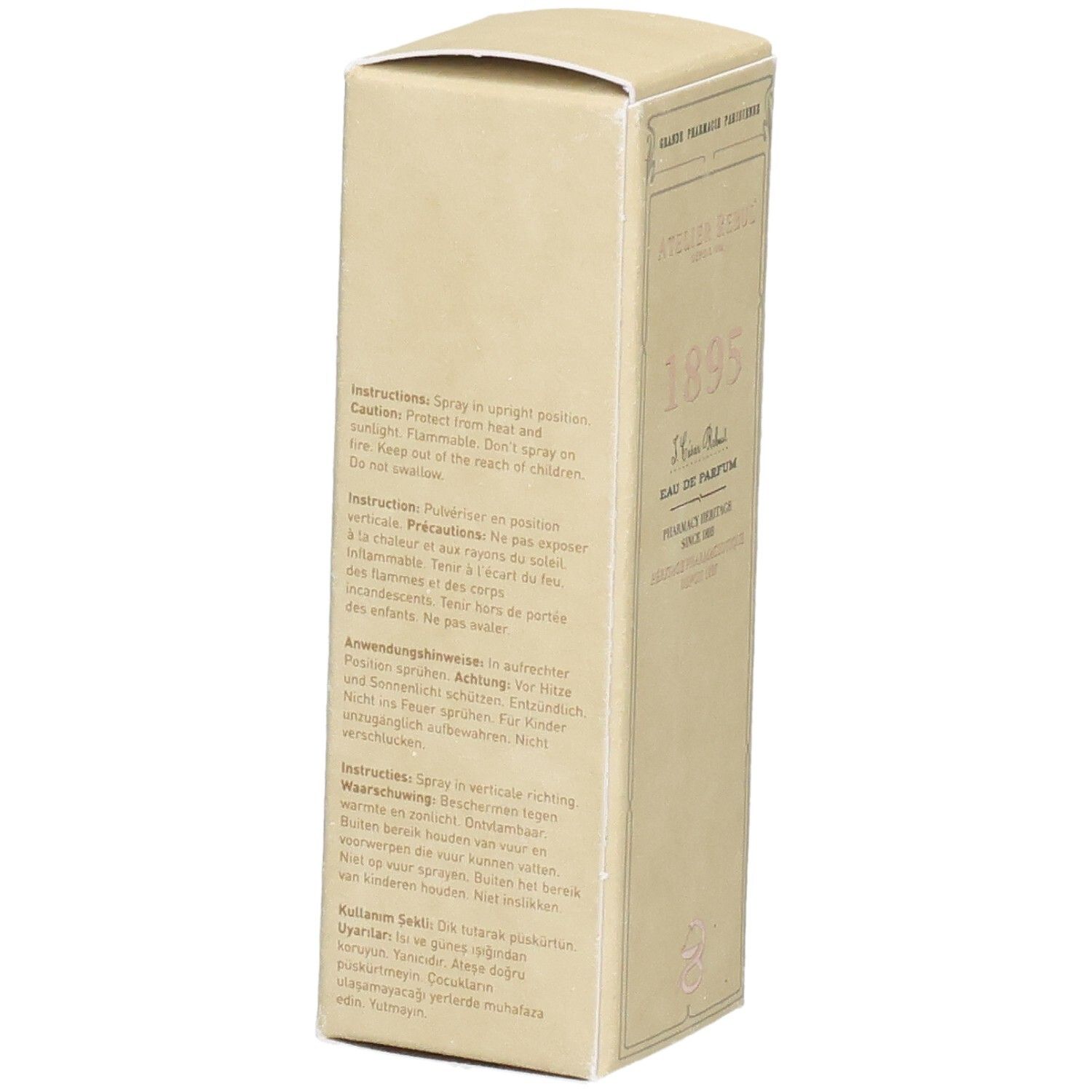 Rückseite der Atelier Rebul 1895 Eau de Parfum Verpackung mit Anwendungshinweisen in mehreren Sprachen.