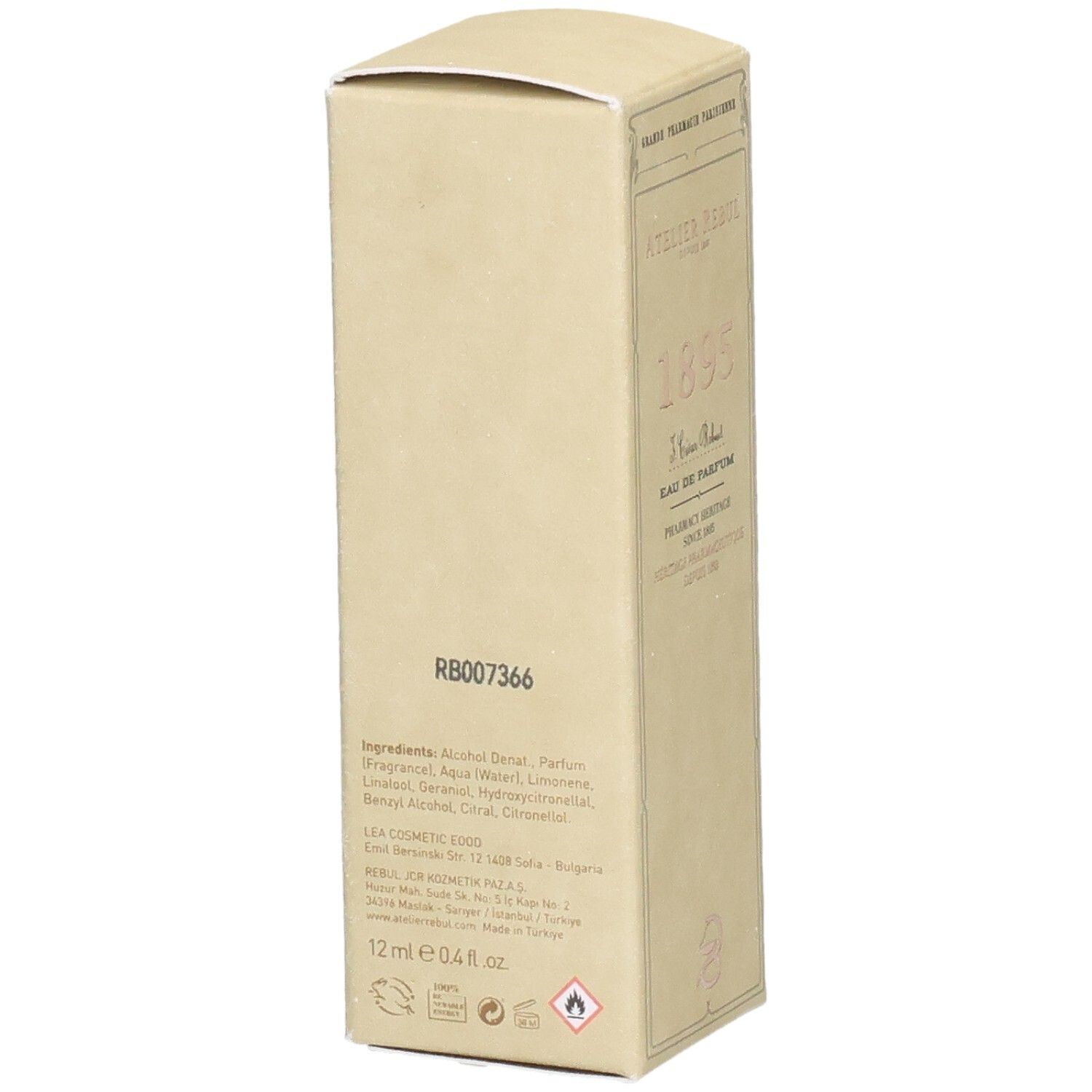 Seitenansicht der Atelier Rebul 1895 Eau de Parfum Verpackung mit Inhaltsstoffangaben und Chargennummer.