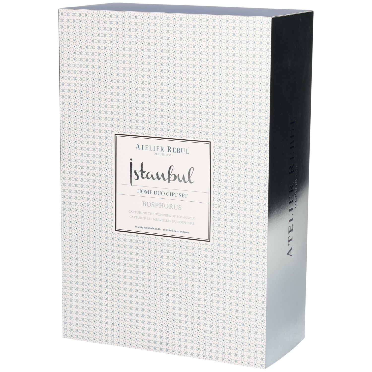 Geschenkbox mit geometrischem Muster und silbernen Akzenten. Enthält Atelier Rebul Istanbul Bosphorus Home Duo Gift Set.