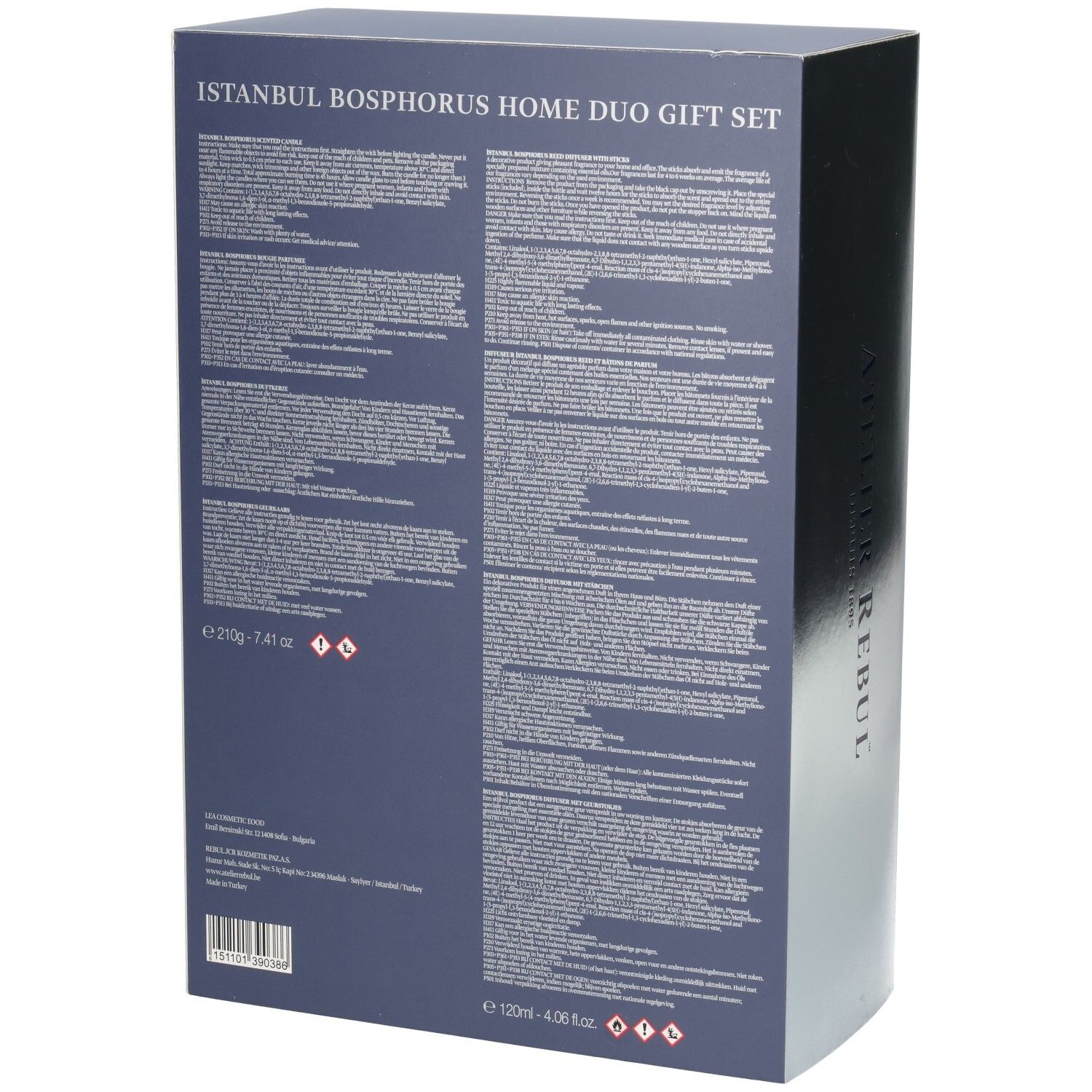 Rückseite einer Geschenkbox mit detaillierten Produktinformationen und Warnhinweisen in mehreren Sprachen.