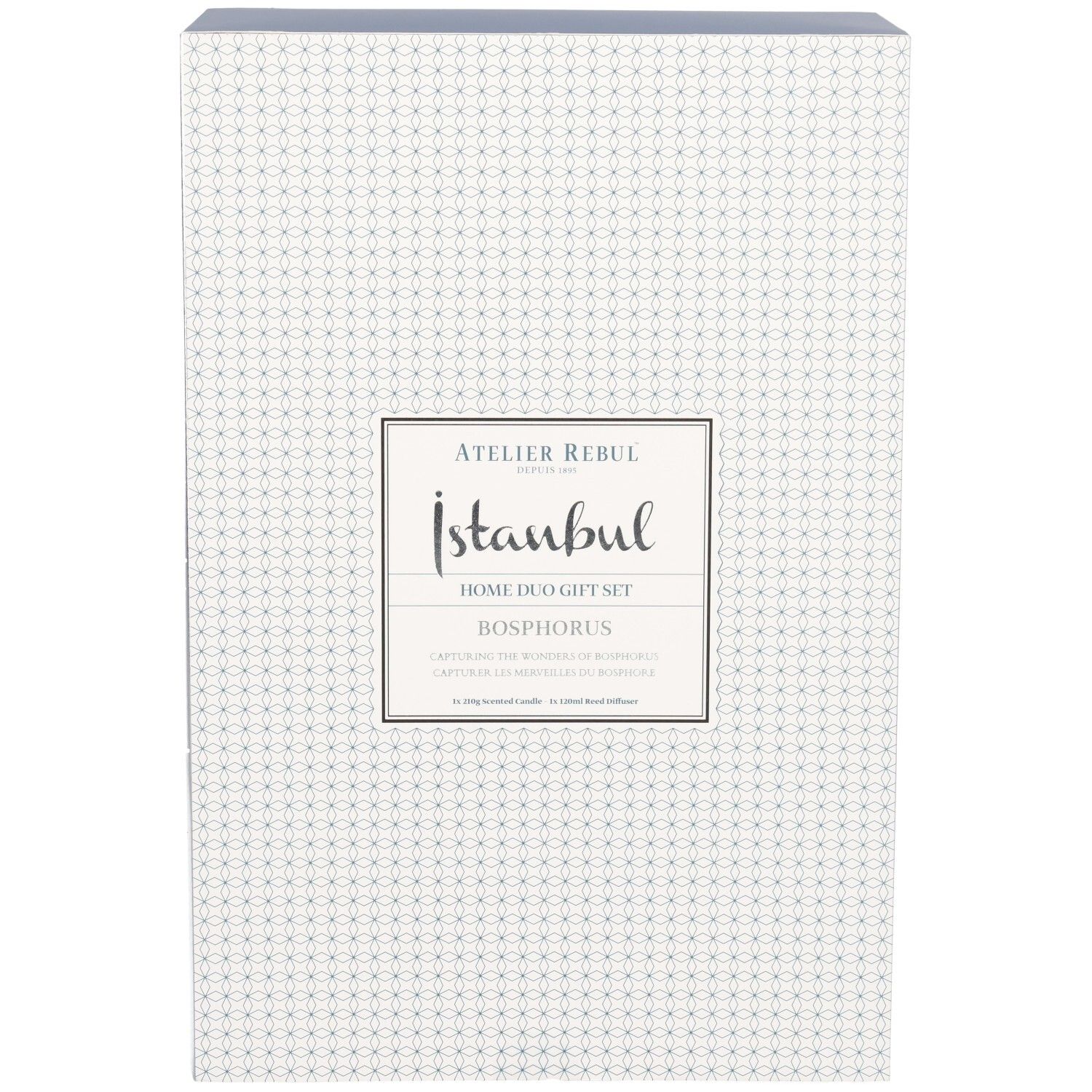 Vorderseite einer Geschenkbox mit geometrischem Muster und einem Etikett für das Atelier Rebul Istanbul Bosphorus Home Duo Gift Set.