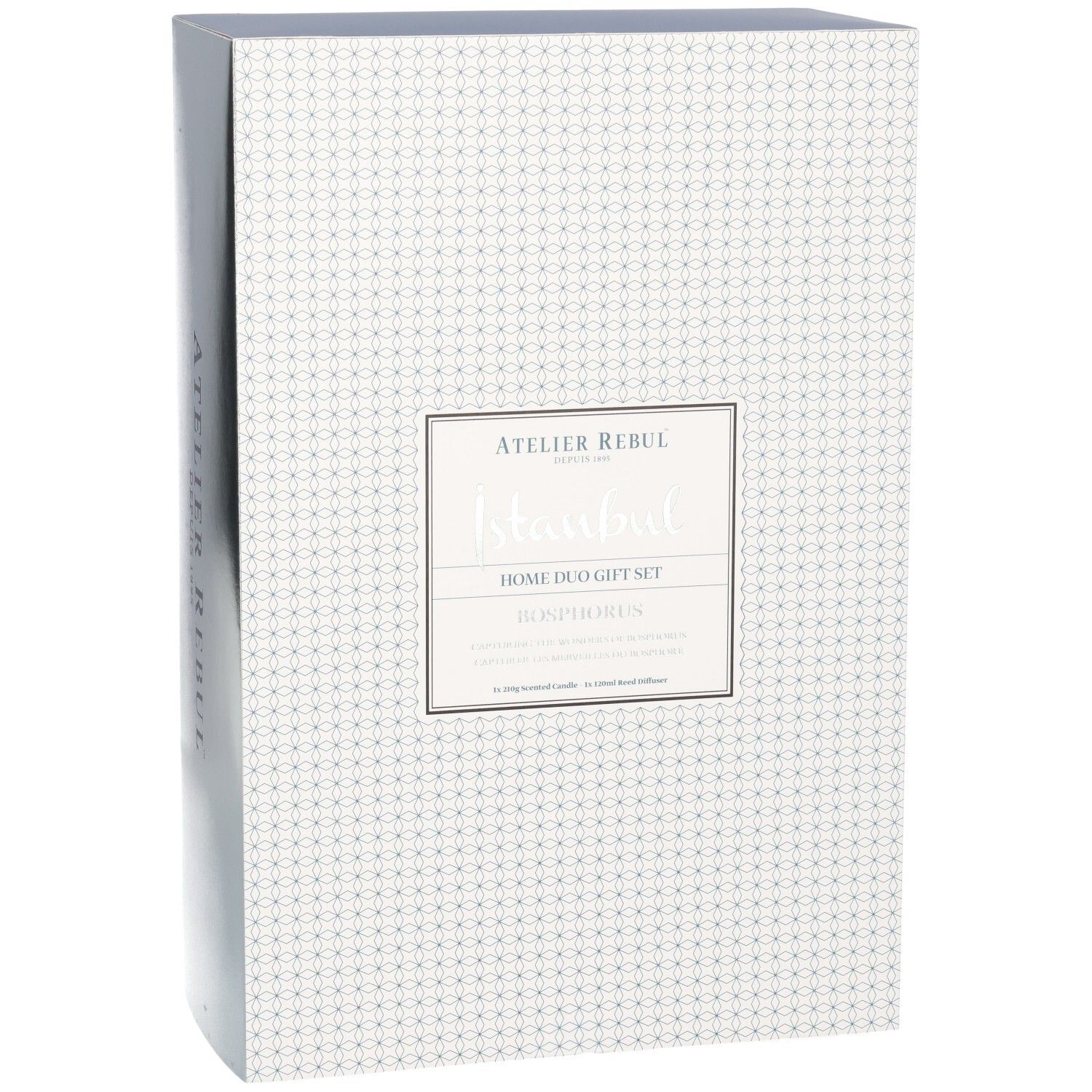 Vorderseite einer Geschenkbox mit geometrischem Muster und einem Etikett für das Atelier Rebul Istanbul Bosphorus Home Duo Gift Set.