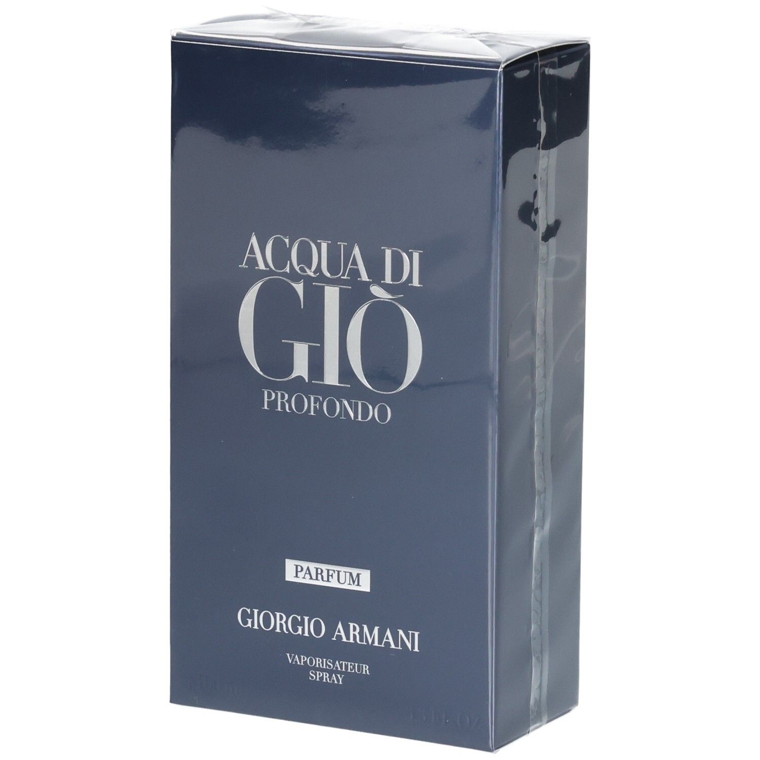 Giorgio Armani Acqua di Gio Profondo Parfum, dunkelblaue Verpackung mit silberner Schrift.