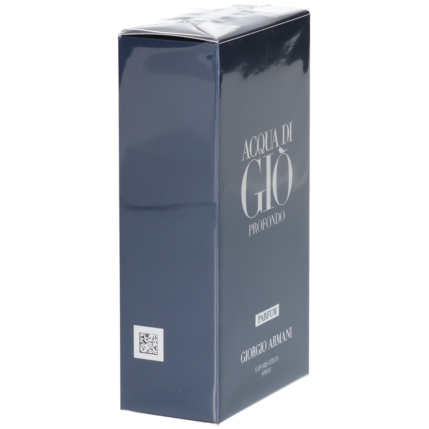 Dunkelblaue Giorgio Armani Acqua di Gio Profondo Parfum-Verpackung mit weißer Schrift.