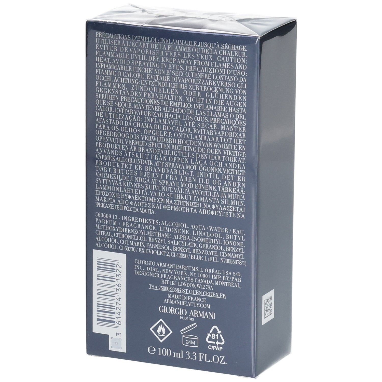 Giorgio Armani Acqua di Gio Profondo Eau de Toilette, 100ml, Rückseite mit Inhaltsstoffen und Warnhinweisen.