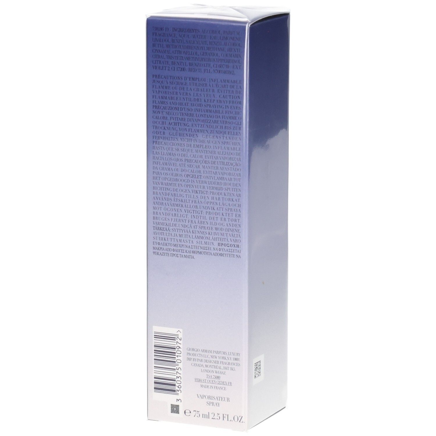 Verpackung mit Text und Barcode. Enthält 75 ml 2.5 FL.OZ.