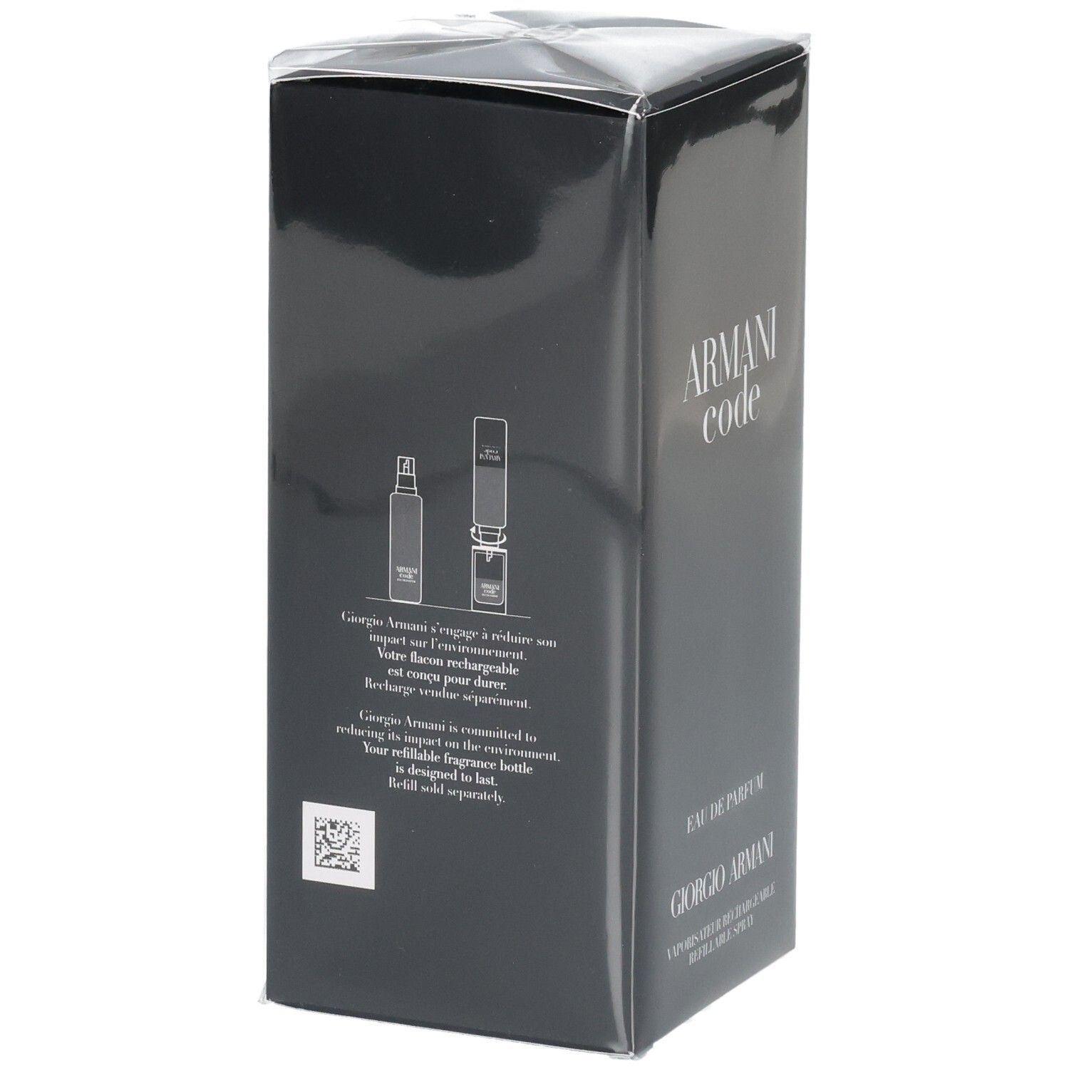 Rückseite der Armani Code Eau de Parfum Verpackung mit Nachfüllhinweisen.