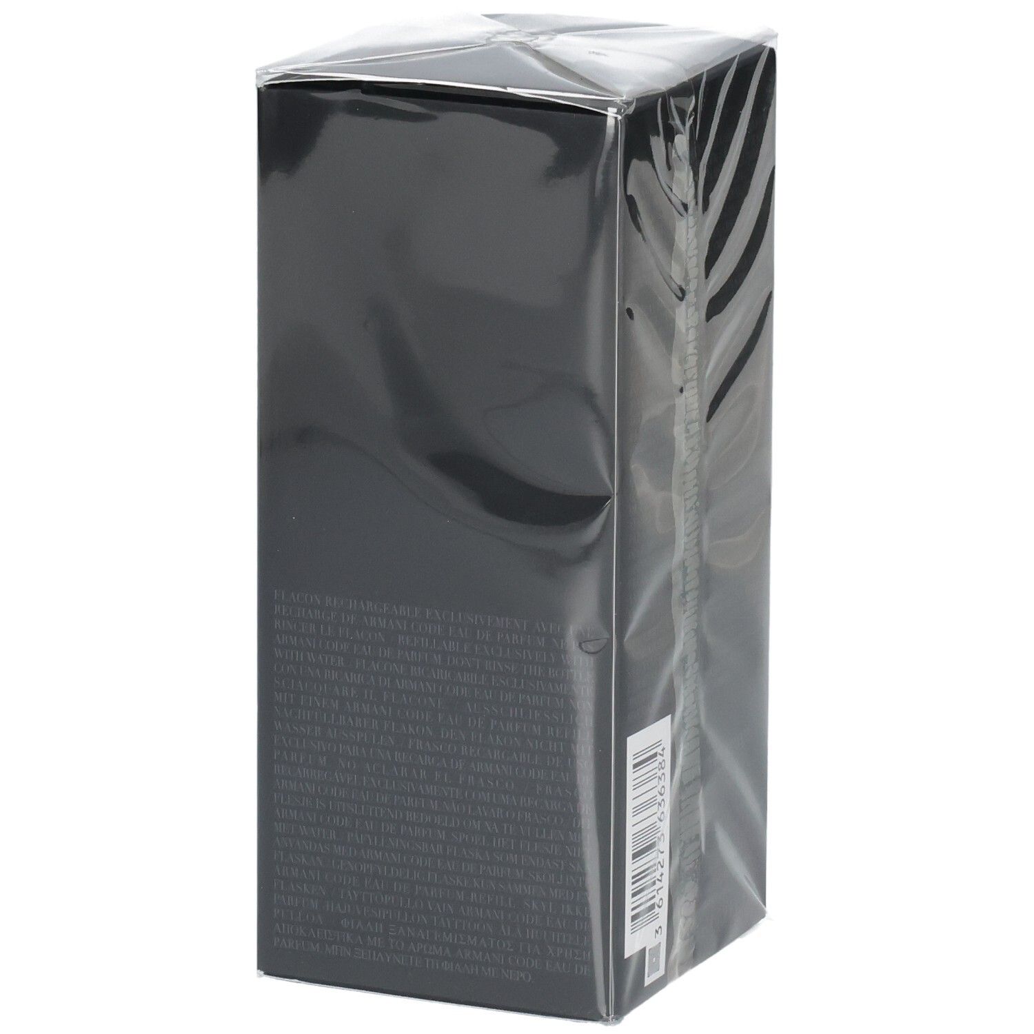 Seite der Armani Code Eau de Parfum Verpackung mit Produktinformationen.