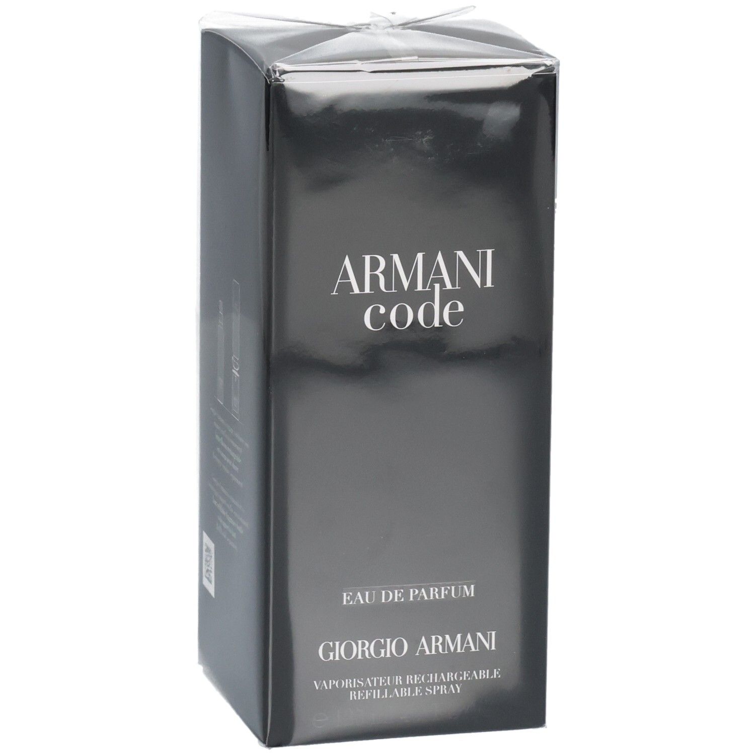 Verpackung von Armani Code Eau de Parfum, Giorgio Armani, nachfüllbarer Zerstäuber.