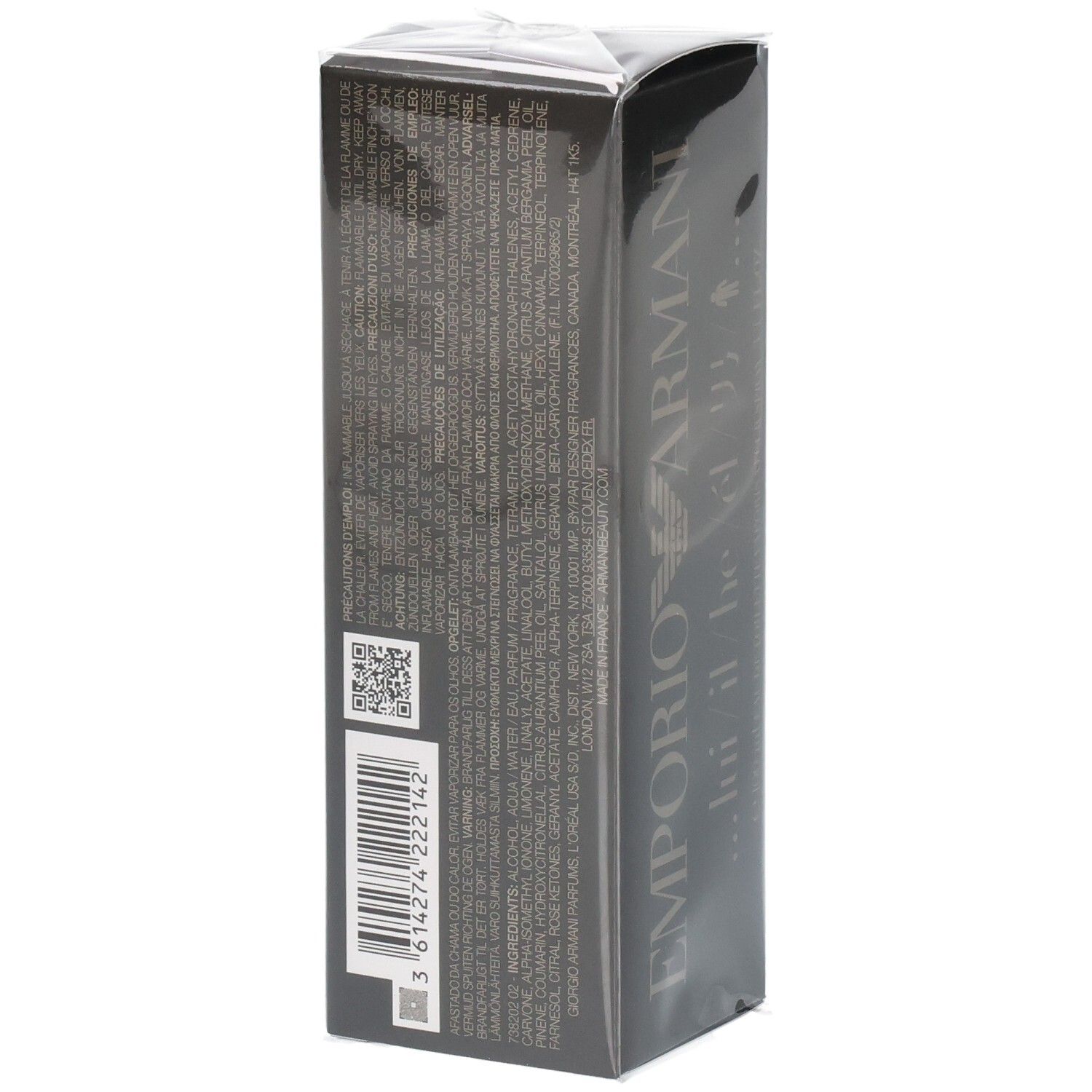 Rückseite der Emporio Armani Classic He Eau de Toilette Verpackung mit Inhaltsstoffen.