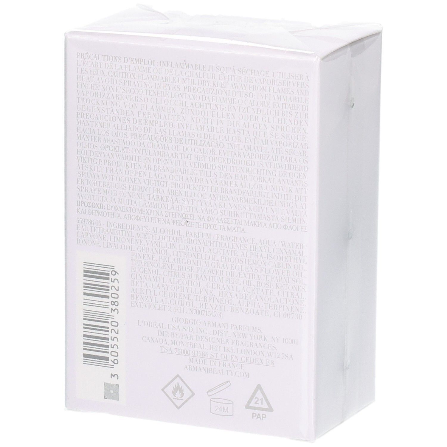 Rückseite der Verpackung von Emporio Armani Diamonds Eau de Parfum mit Inhaltsstoffen und Barcode.