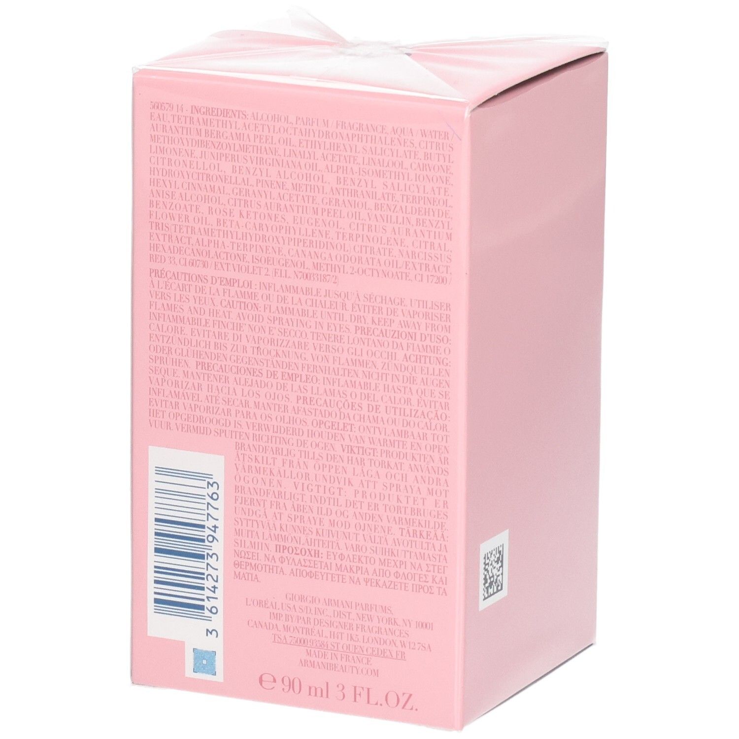 Rosa Produktverpackung mit detaillierten Inhaltsstoffen und Barcode. Enthält 90 ml.