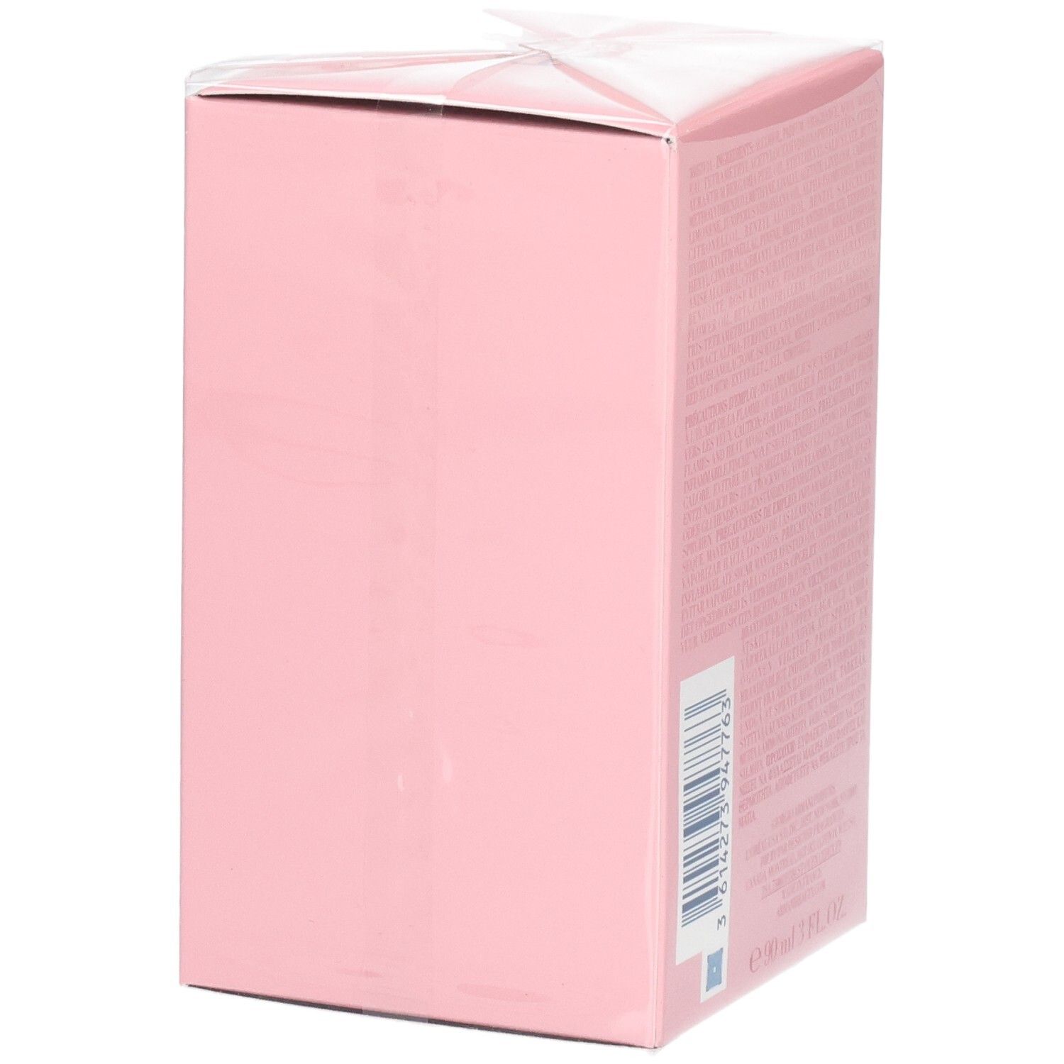 Rosa Kartonverpackung mit Barcode und Text.