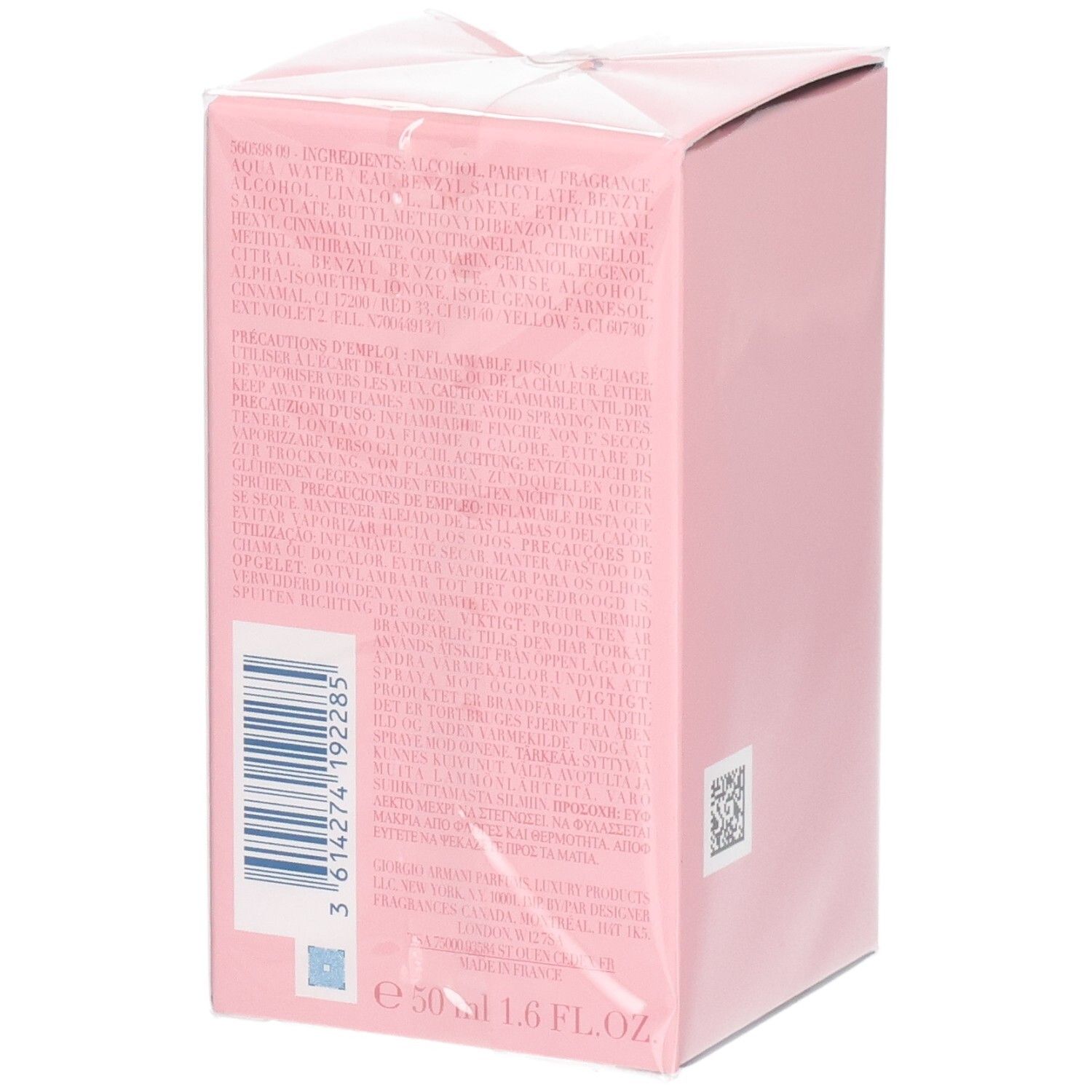 Rosa Verpackung mit Inhaltsstoffen und Barcode. Enthält 50 ml.