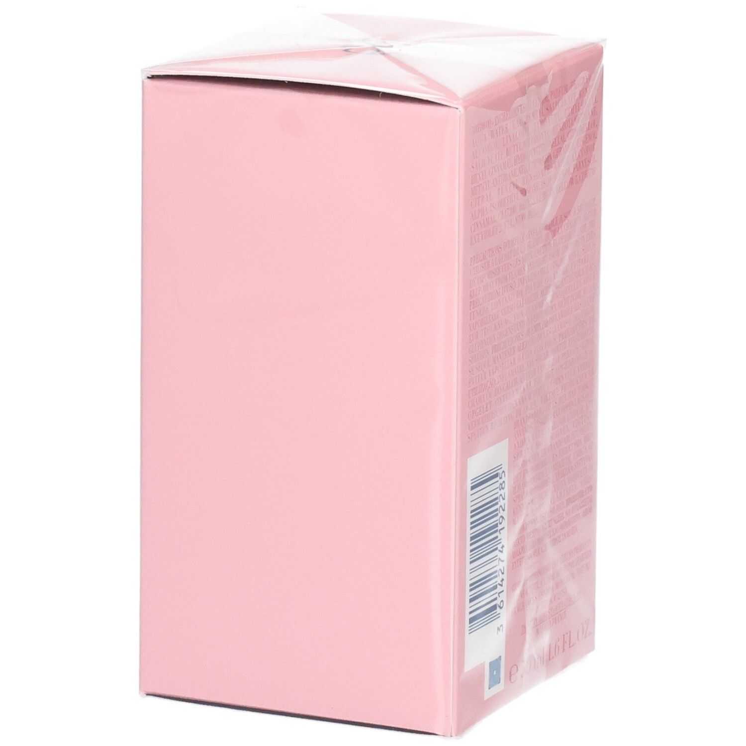 Eine rosa Schachtel mit Barcode und Text auf der rechten Seite.