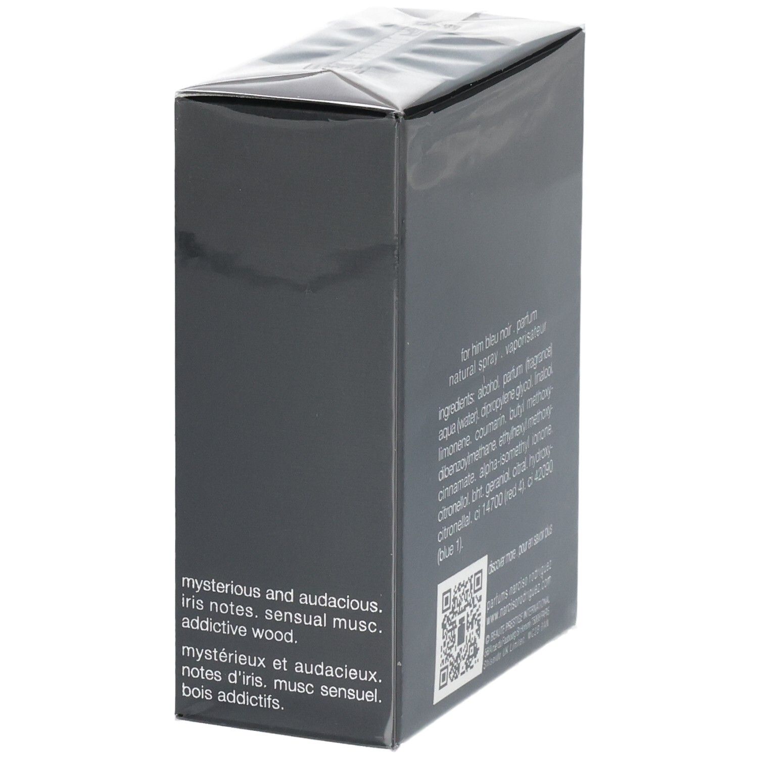Vue latérale de l'emballage du parfum Narciso Rodriguez For Him Bleu Noir avec description, 50 ml.