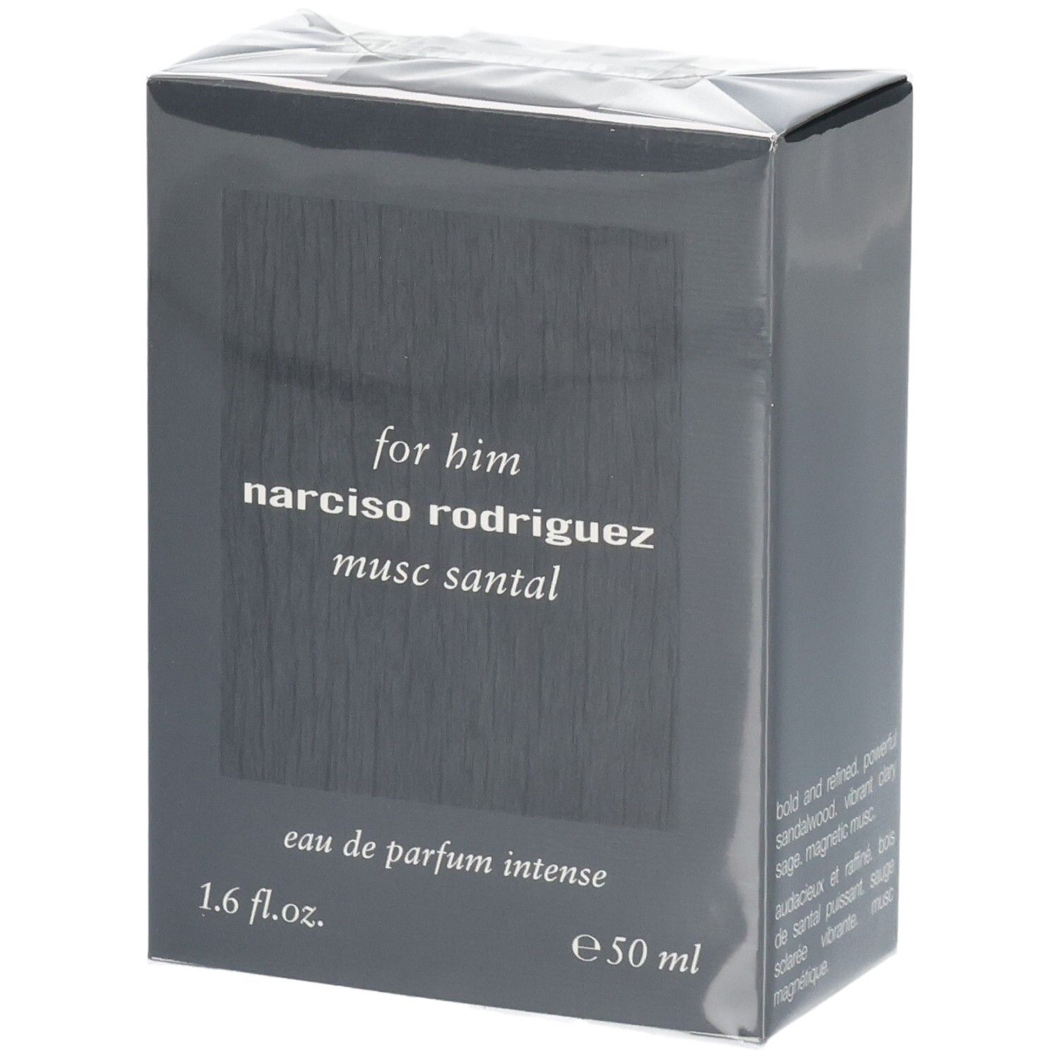 Verpackung von Narciso Rodriguez For Him Musc Santal Eau de Parfum Intense, 50 ml.