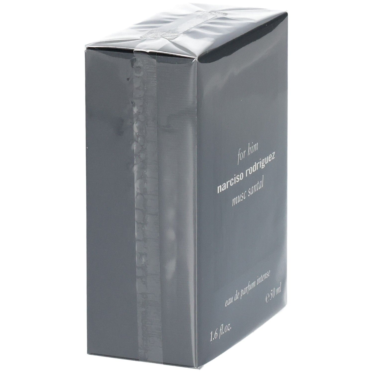 Seitenansicht der Verpackung von Narciso Rodriguez For Him Musc Santal Eau de Parfum Intense.