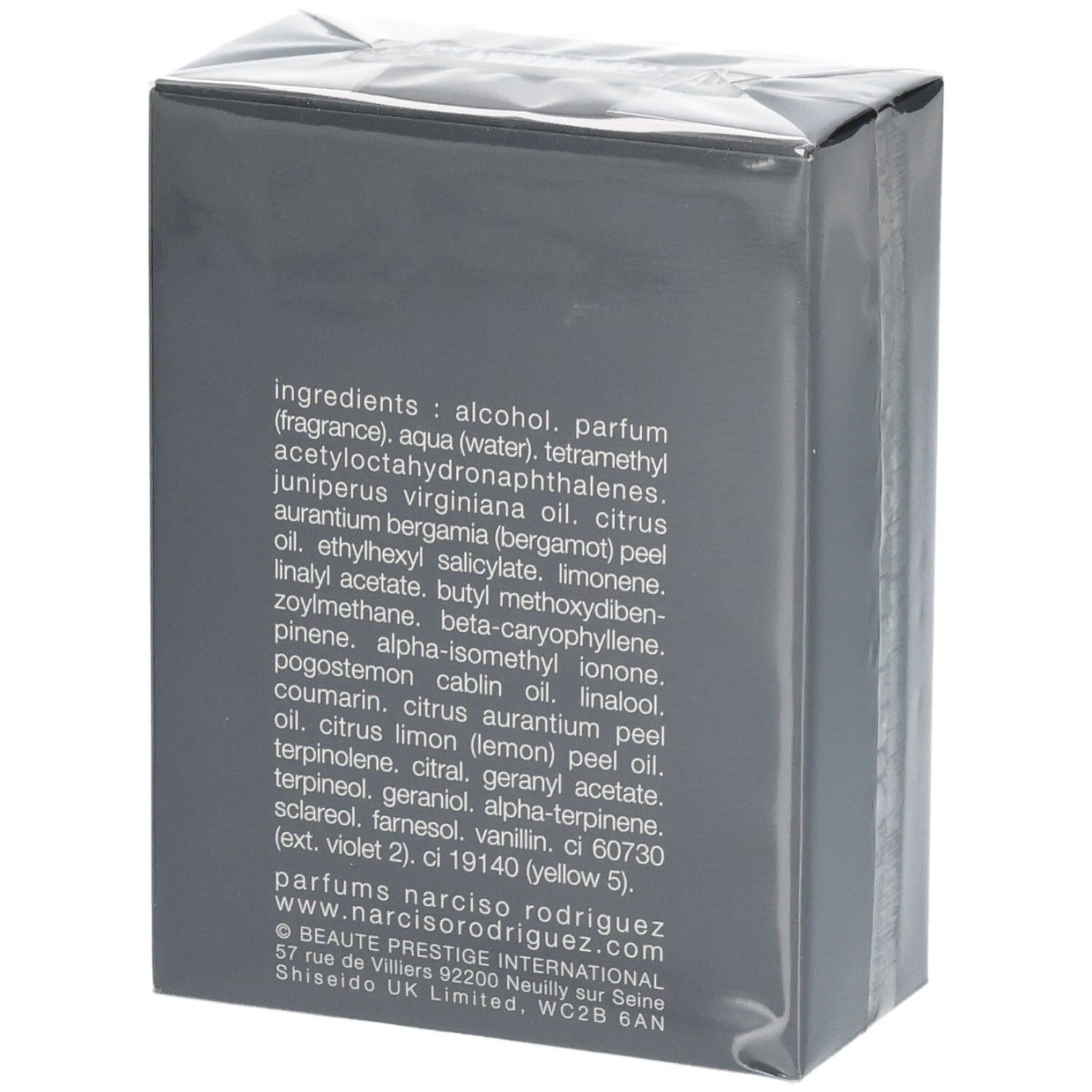 Rückseite der Verpackung mit Inhaltsstoffen und Markeninformationen für Narciso Rodriguez For Him Musc Santal.