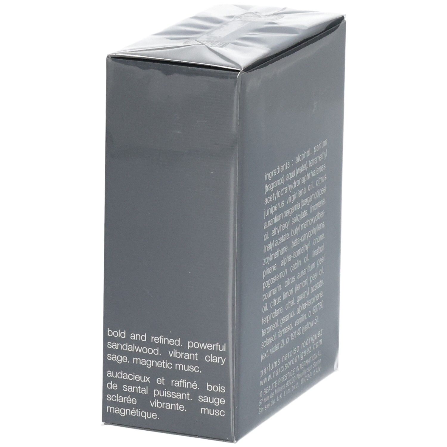 Seitenansicht der Verpackung mit Duftbeschreibung für Narciso Rodriguez For Him Musc Santal.