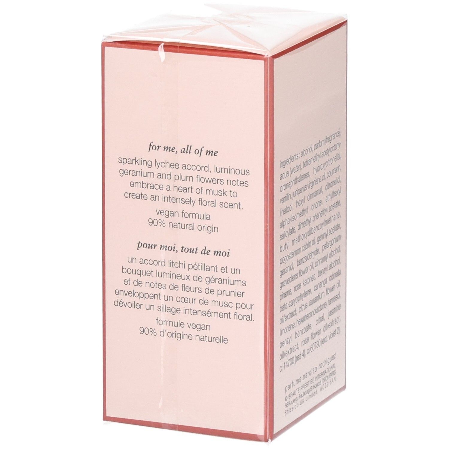 Seite der Verpackung von Narciso Rodriguez All of Me Eau de Parfum Florale mit Beschreibung.