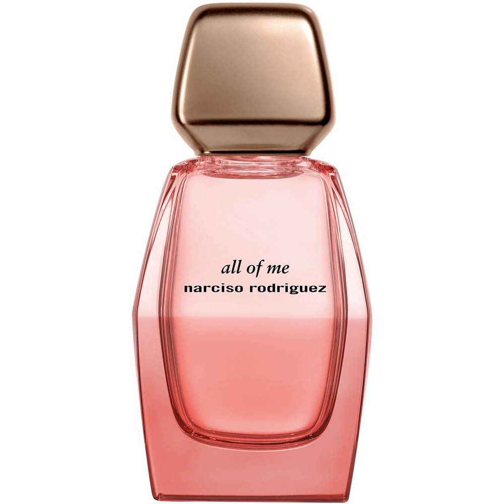 Parfümflakon mit rosa Flüssigkeit und goldfarbenem Verschluss. Beschriftung: "all of me narciso rodriguez".