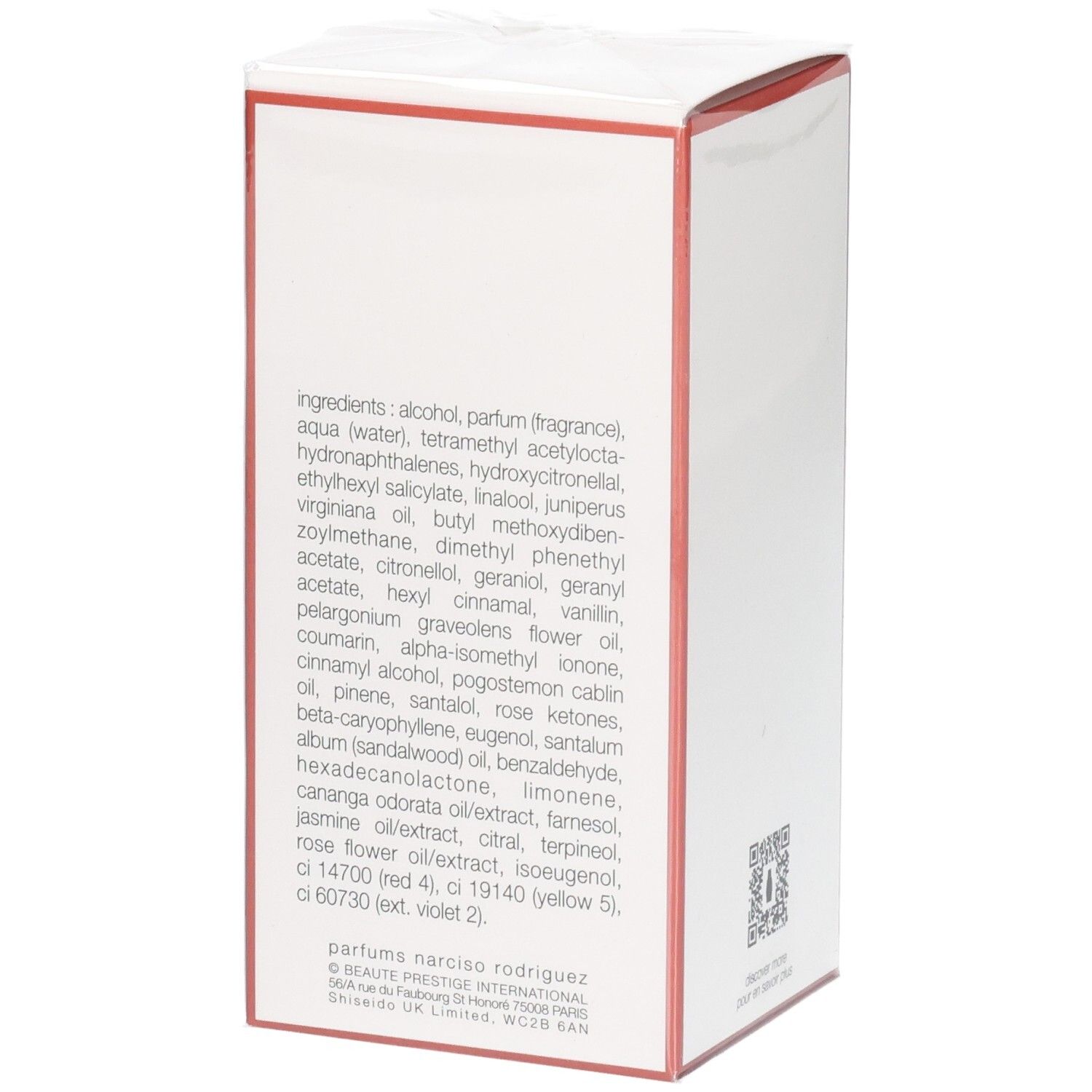Seitenansicht der Narciso Rodriguez All of Me Eau de Parfum Intense Verpackung mit Inhaltsstoffen.