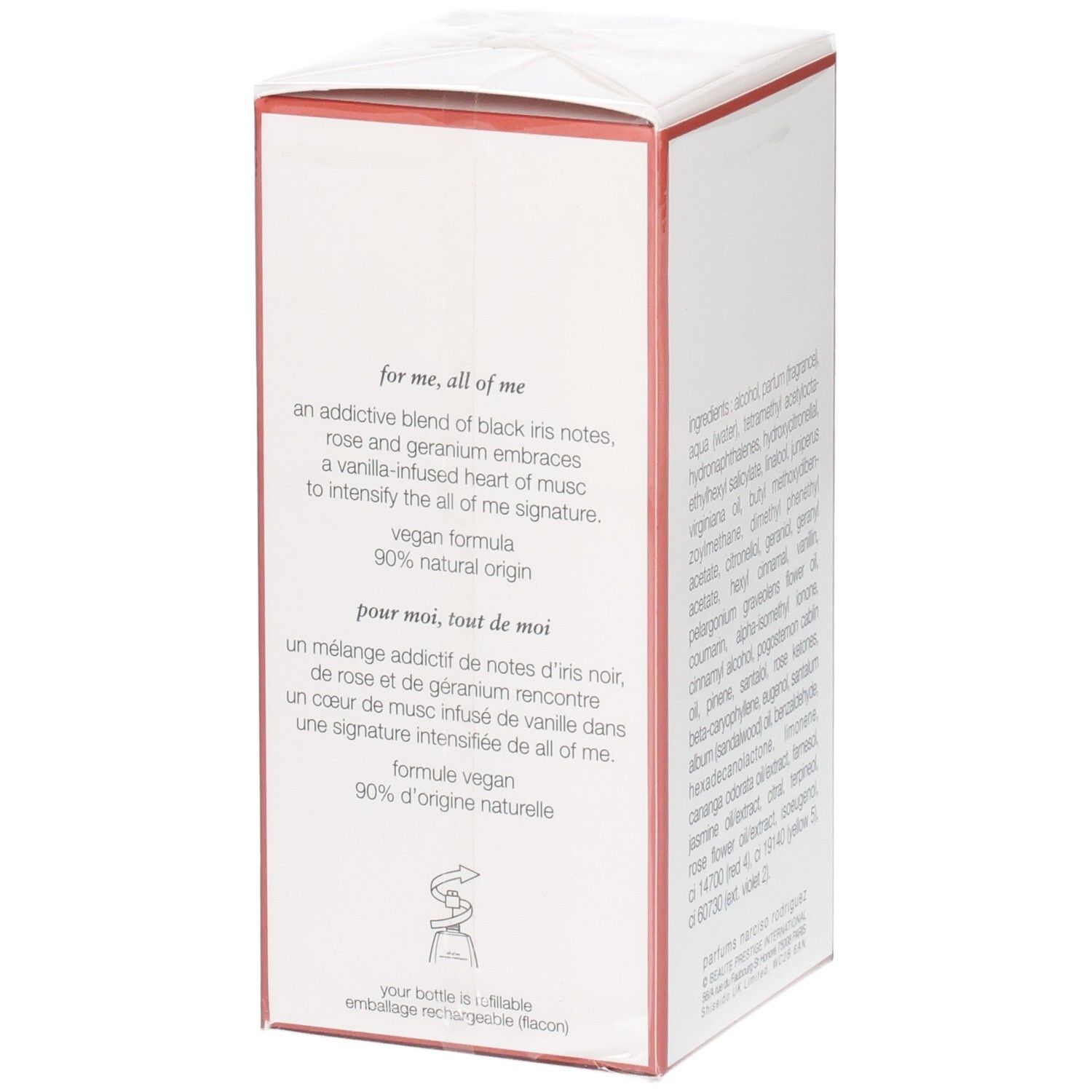Seite der Narciso Rodriguez All of Me Eau de Parfum Intense Verpackung mit Duftbeschreibung.