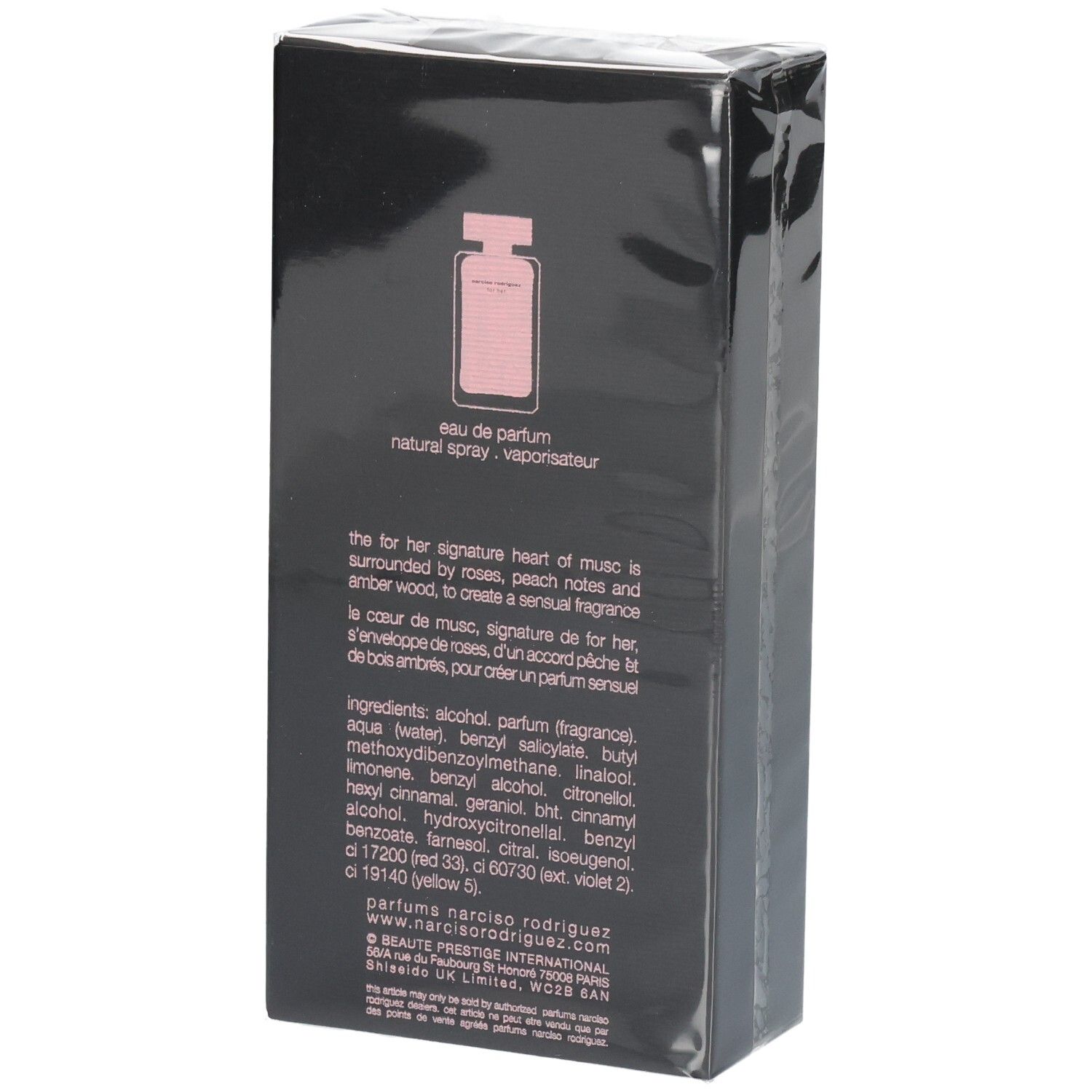 Rückseite der Narciso Rodriguez For Her Eau de Parfum 100ml Verpackung mit Inhaltsstoffen.