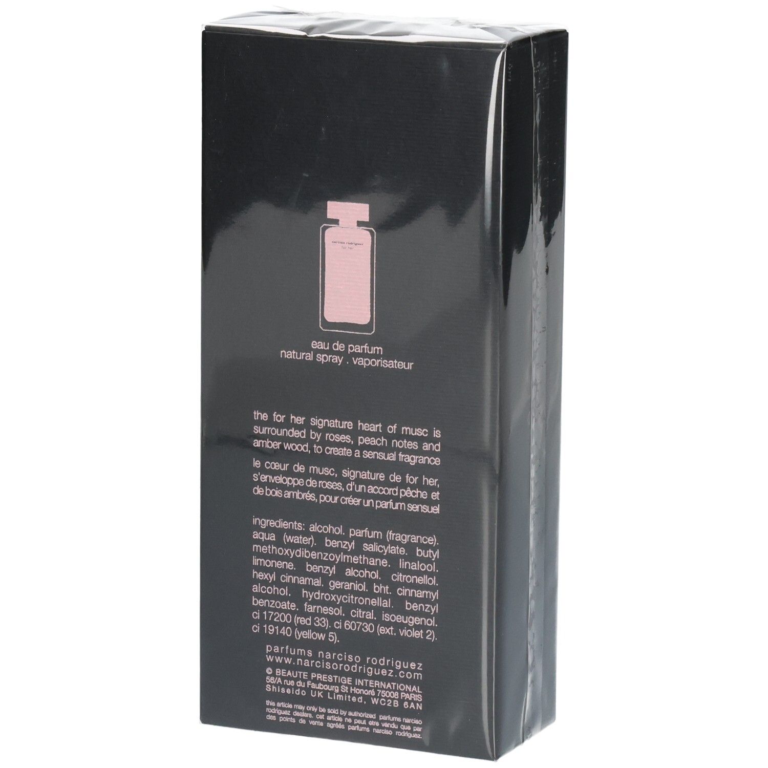 Rückseite der Narciso Rodriguez For Her Eau de Parfum Geschenkverpackung mit Duftbeschreibung und Inhaltsstoffen.