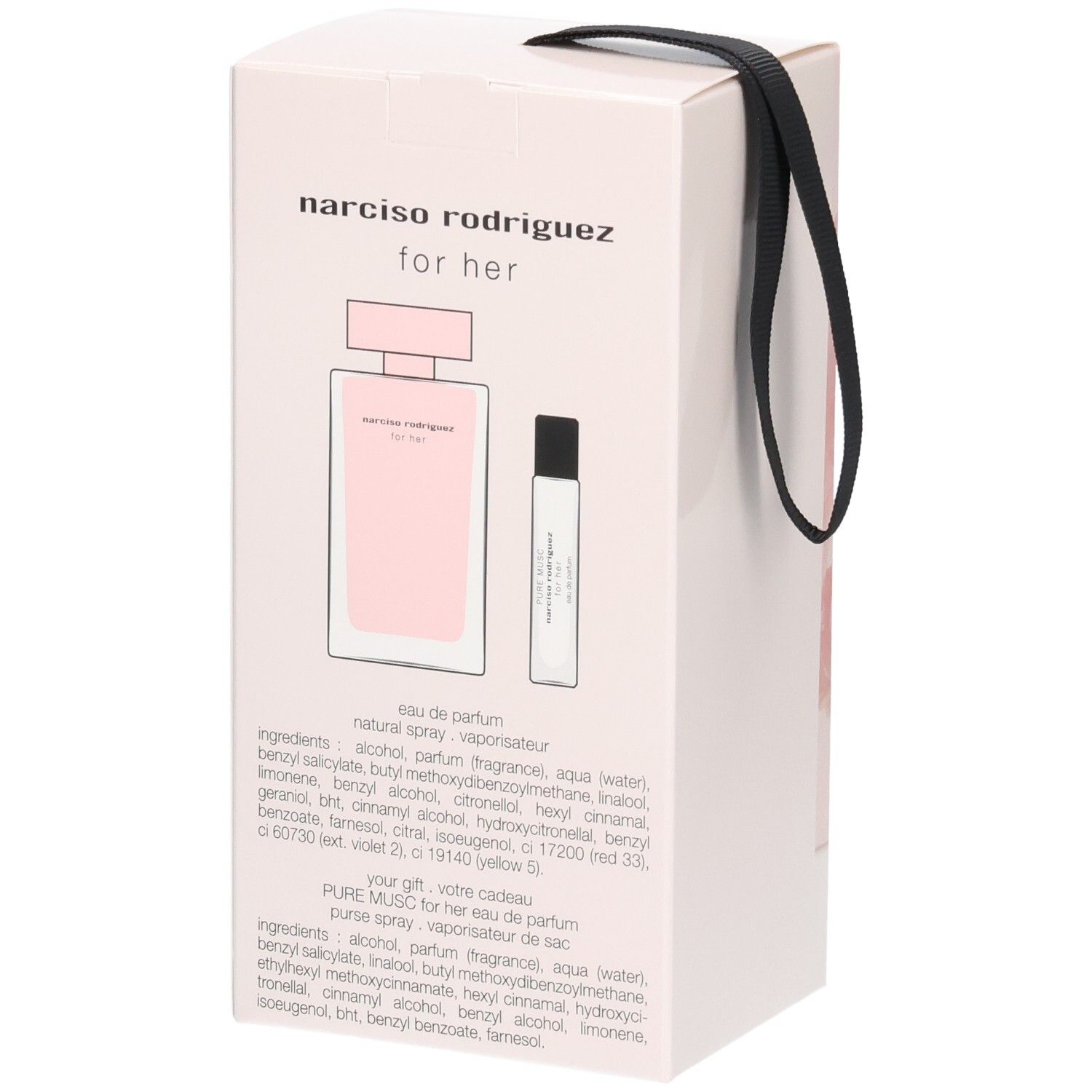 Coffret montrant le flacon et le vaporisateur de voyage. Narciso Rodriguez For Her Eau de Parfum.