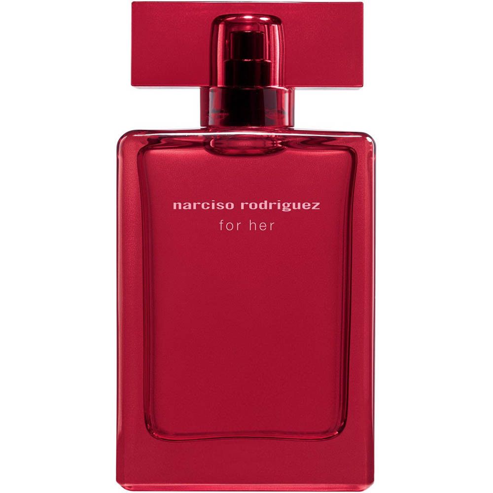 Flacon en verre rouge Narciso Rodriguez For Her Eau de Parfum Intense avec vaporisateur.