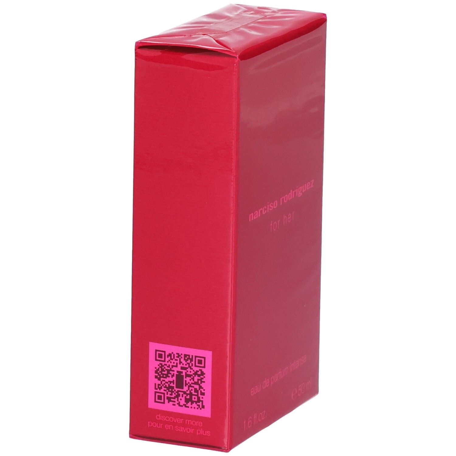 Boîte rouge Narciso Rodriguez For Her Eau de Parfum Intense avec QR code.