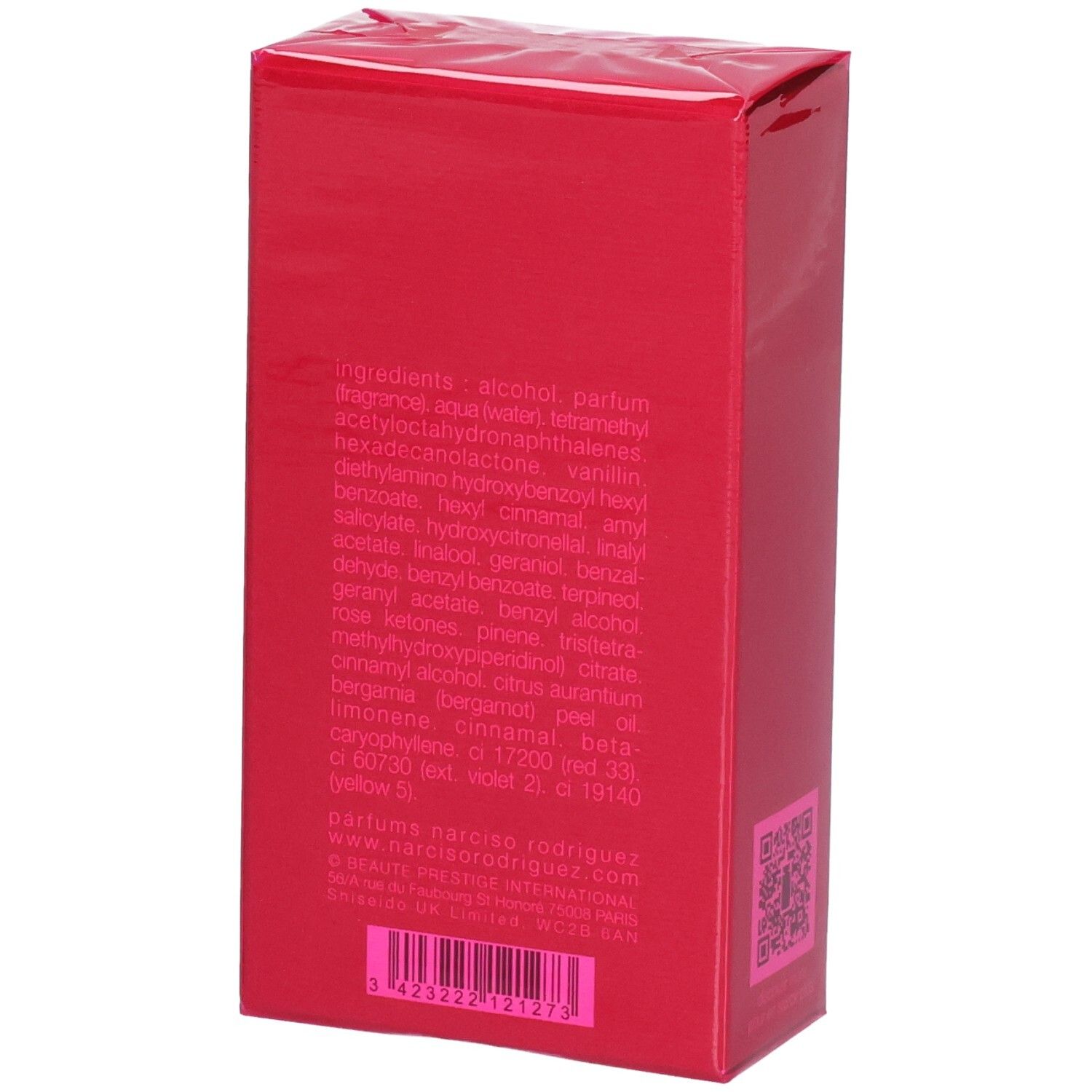 Arrière de la boîte rouge Narciso Rodriguez For Her Eau de Parfum Intense avec ingrédients.