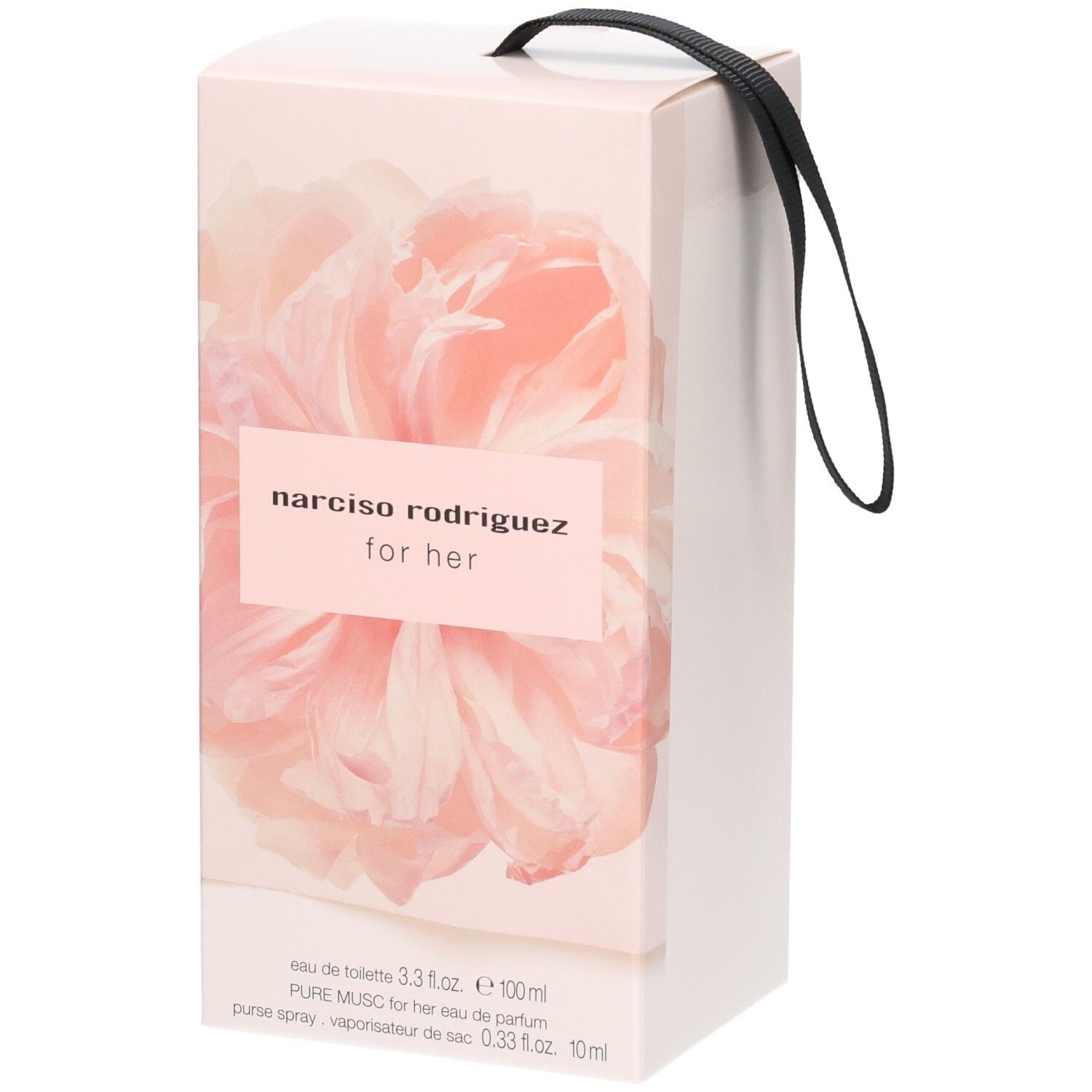 Verpackung für 'Narciso Rodriguez for her' Eau de Toilette (100ml) und Purse Spray (10ml). Rosa mit Blumenmuster und schwarzer Schlaufe.