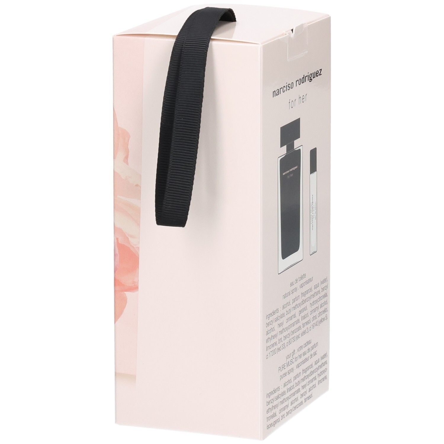 Geschenkset mit zwei Narciso Rodriguez for Her Parfümflakons auf einer hellrosa Verpackung mit schwarzem Tragegriff.