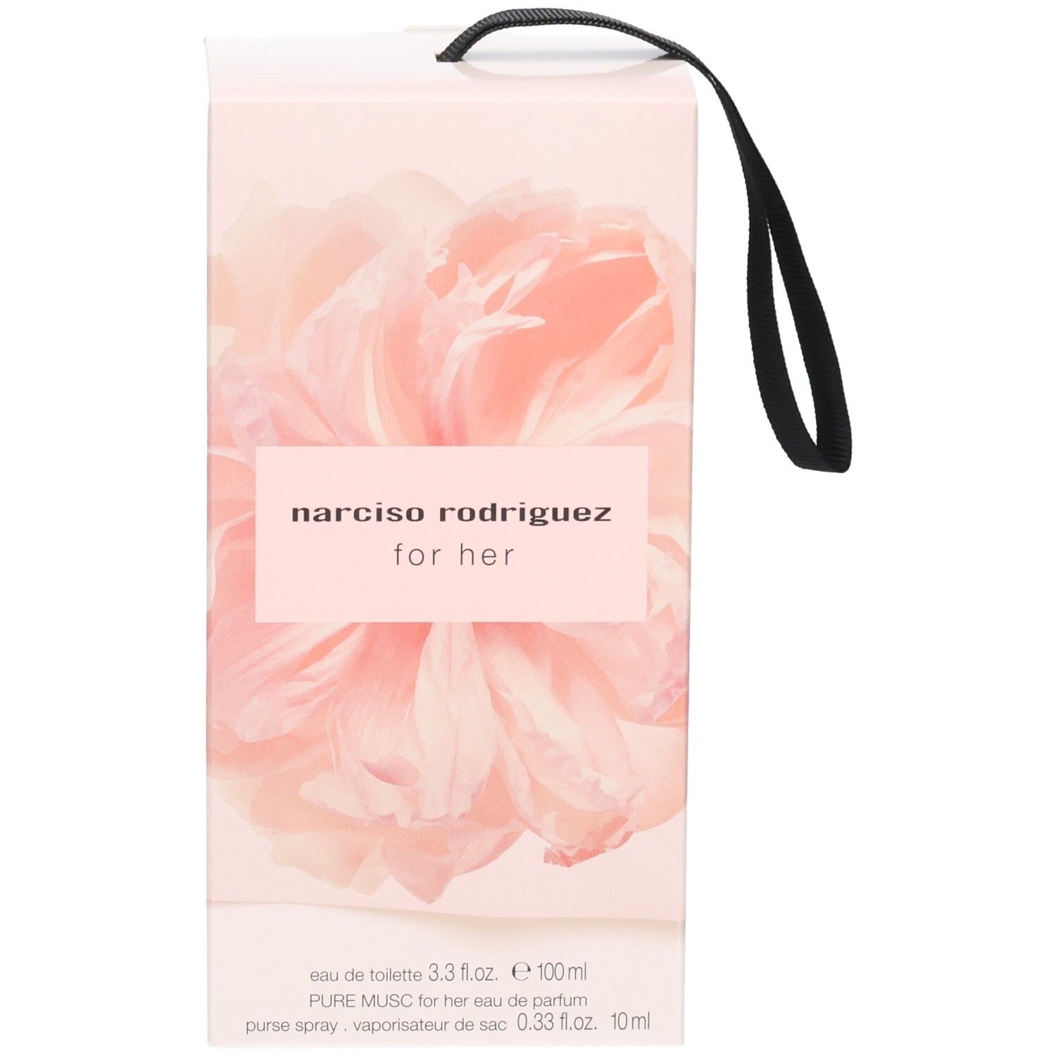 NARCISO RODRIGUEZ for her Eau de Toilette, 100ml. Rosa Verpackung mit Blumenmuster und schwarzer Schlaufe.